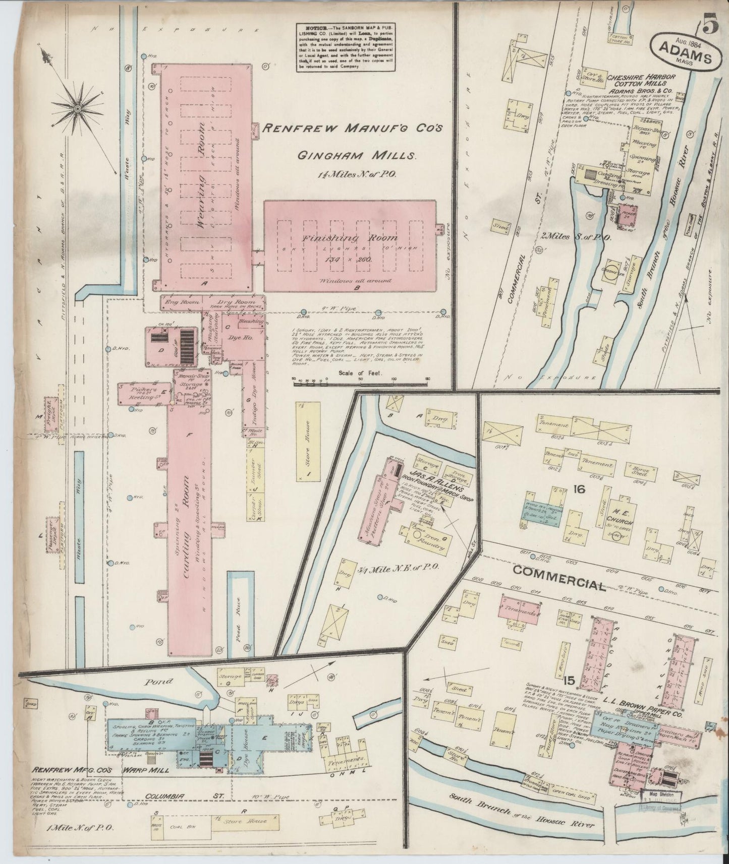 Sanborn Fire Insurance Map from Adams, Berkshire County, Massachusetts (1884), Sheet #0005 - Historic Sanborn Fire Insurance Map Print, vintage old map wall art, antique decor, genealogy gift, Massachusetts Massachusetts map