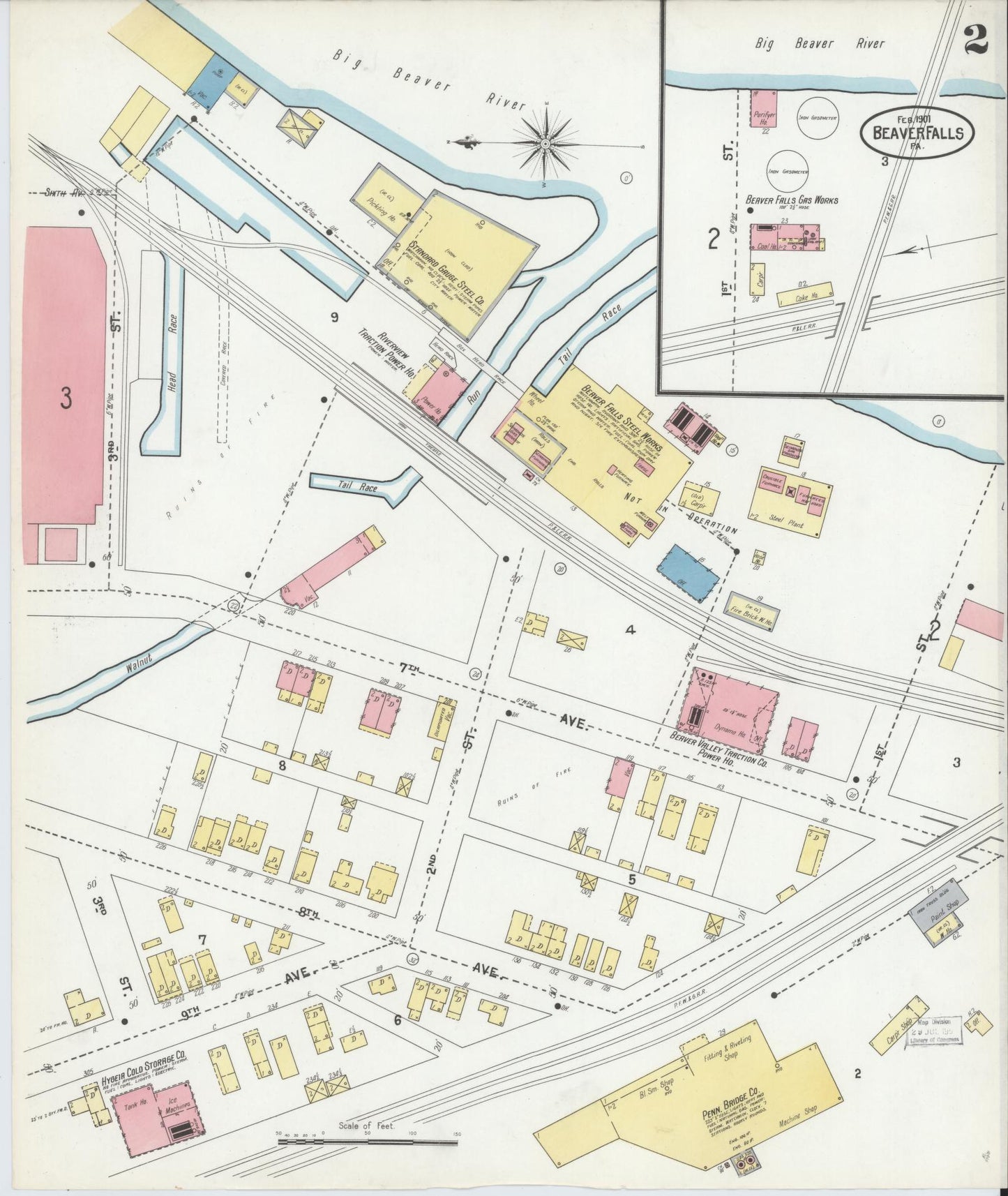 Sanborn Fire Insurance Map from Beaver Falls, Beaver County, Pennsylvania (1901), Sheet #0002 - Historic Sanborn Fire Insurance Map Print, vintage old map wall art, antique decor, genealogy gift, Pennsylvania Pennsylvania map