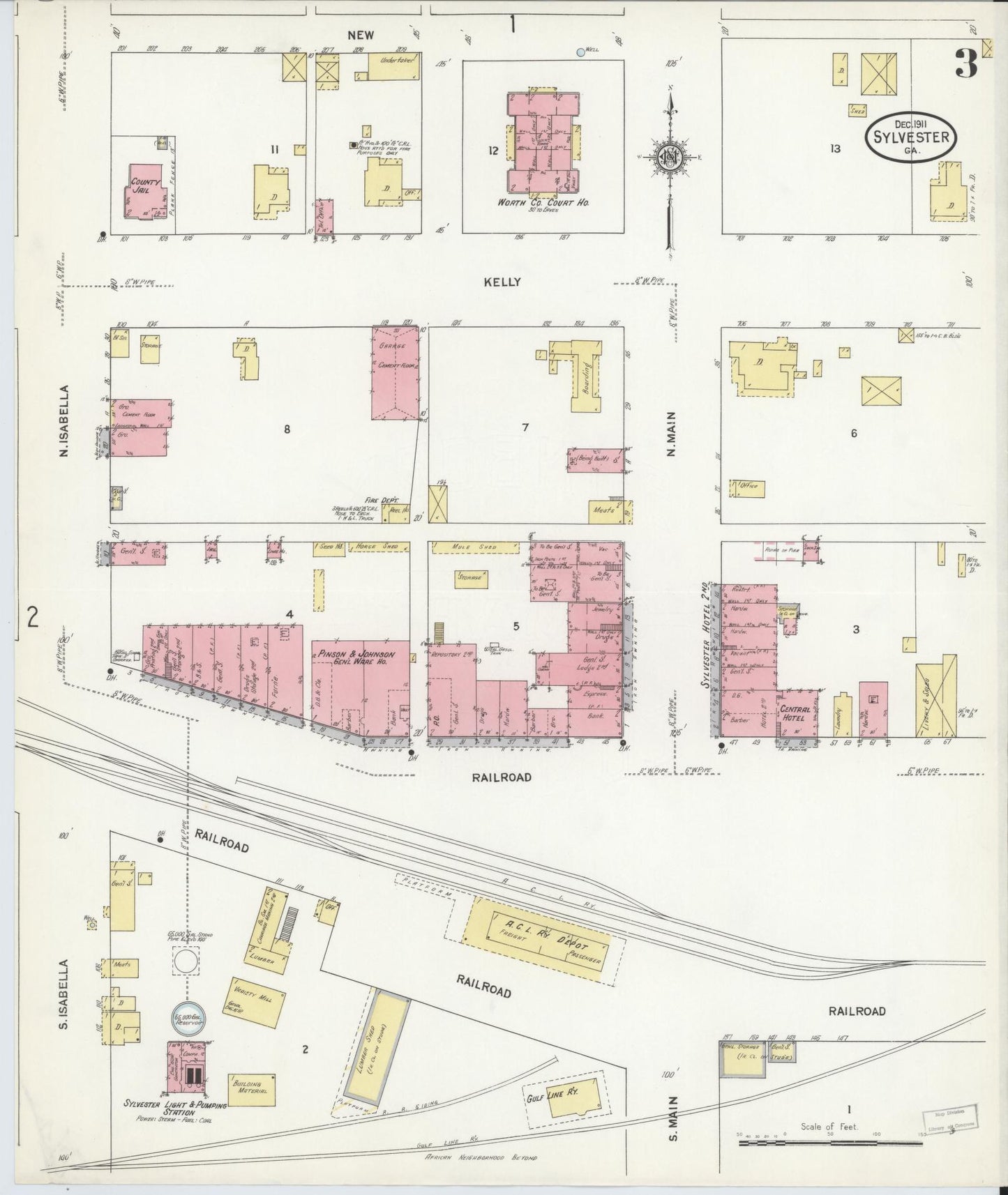 Sanborn Fire Insurance Map from Sylvester, Worth County, Georgia (1911), Sheet #0003 - Historic Sanborn Fire Insurance Map Print, vintage old map wall art, antique decor, genealogy gift, Georgia Georgia map