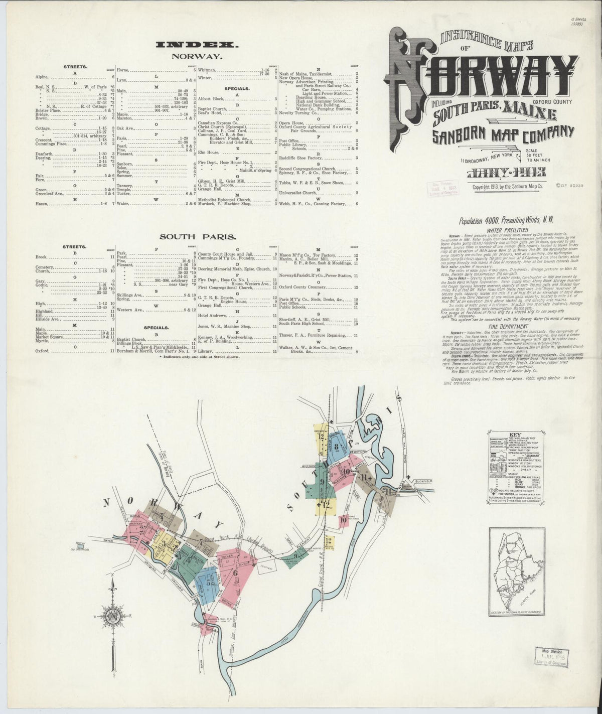 Sanborn Fire Insurance Map from Norway, Oxford County, Maine (1913), Sheet #0001 - Historic Sanborn Fire Insurance Map Print, vintage old map wall art, antique decor, genealogy gift, Maine Maine map