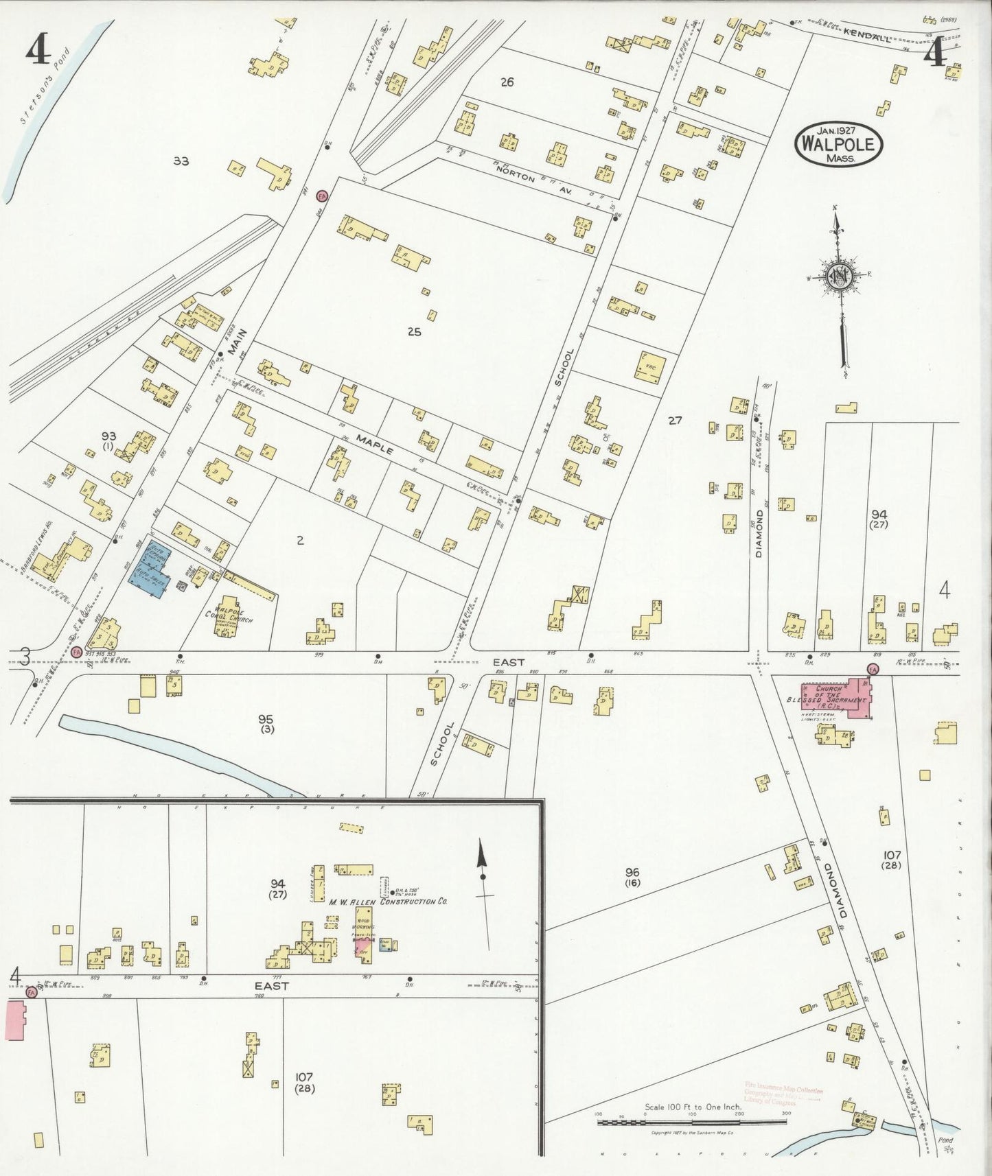 Sanborn Fire Insurance Map from Walpole, Norfolk County, Massachusetts (1927), Sheet #0004 - Historic Sanborn Fire Insurance Map Print, vintage old map wall art, antique decor, genealogy gift, Massachusetts Massachusetts map