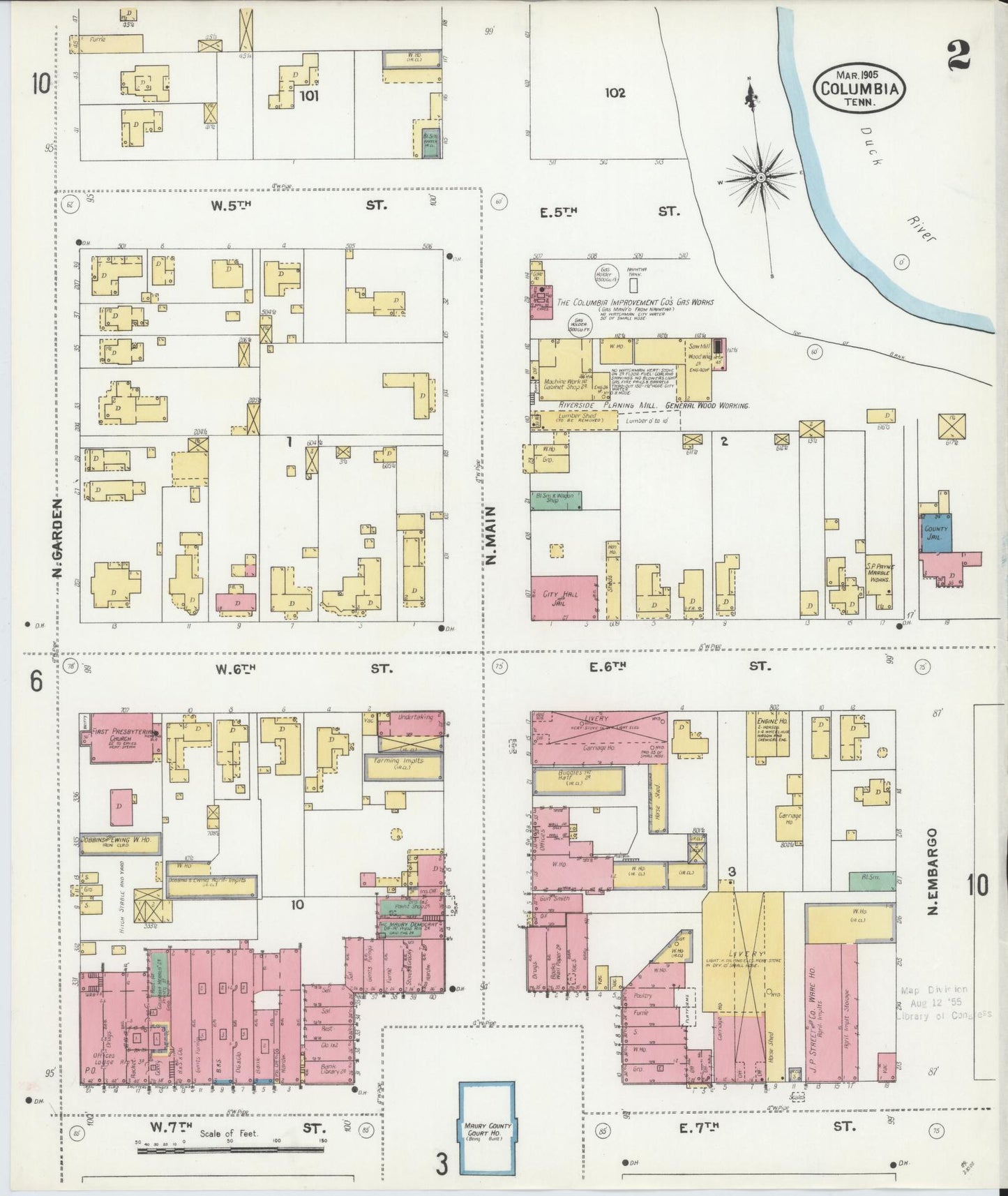 Sanborn Fire Insurance Map from Columbia, Maury County, Tennessee (1905), Sheet #0002 - Historic Sanborn Fire Insurance Map Print, vintage old map wall art, antique decor, genealogy gift, Tennessee Tennessee map