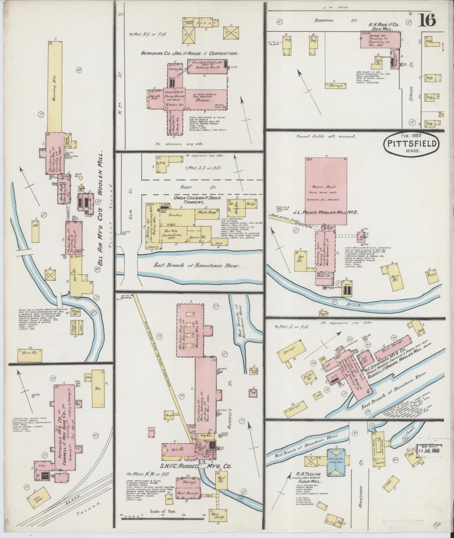 Sanborn Fire Insurance Map from Pittsfield, Berkshire County, Massachusetts (1889), Sheet #0016 - Historic Sanborn Fire Insurance Map Print, vintage old map wall art, antique decor, genealogy gift, Massachusetts Massachusetts map