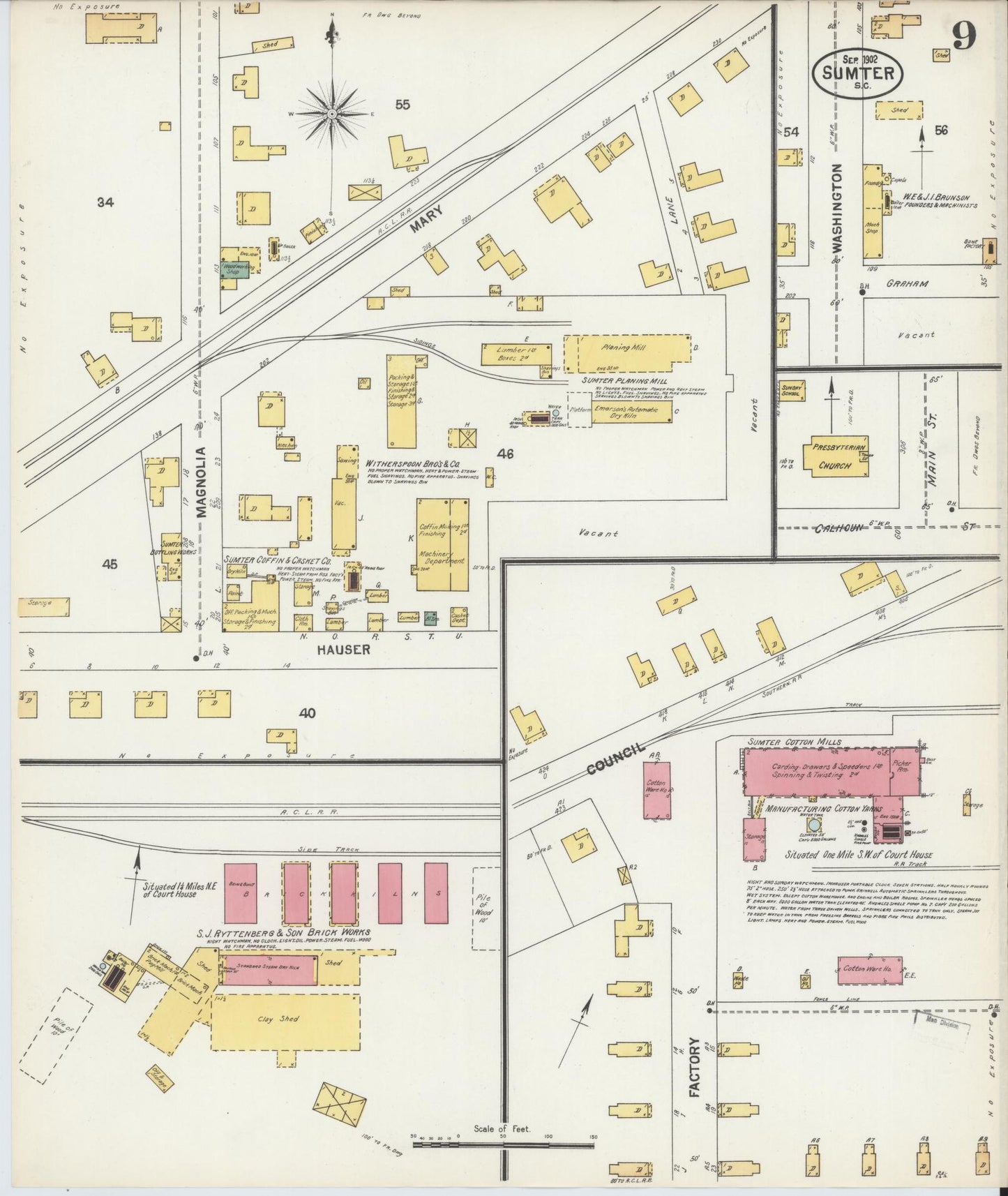 Sanborn Fire Insurance Map from Sumter, Sumter County, South Carolina (1902), Sheet #0009 - Historic Sanborn Fire Insurance Map Print, vintage old map wall art, antique decor, genealogy gift, South Carolina South Carolina map