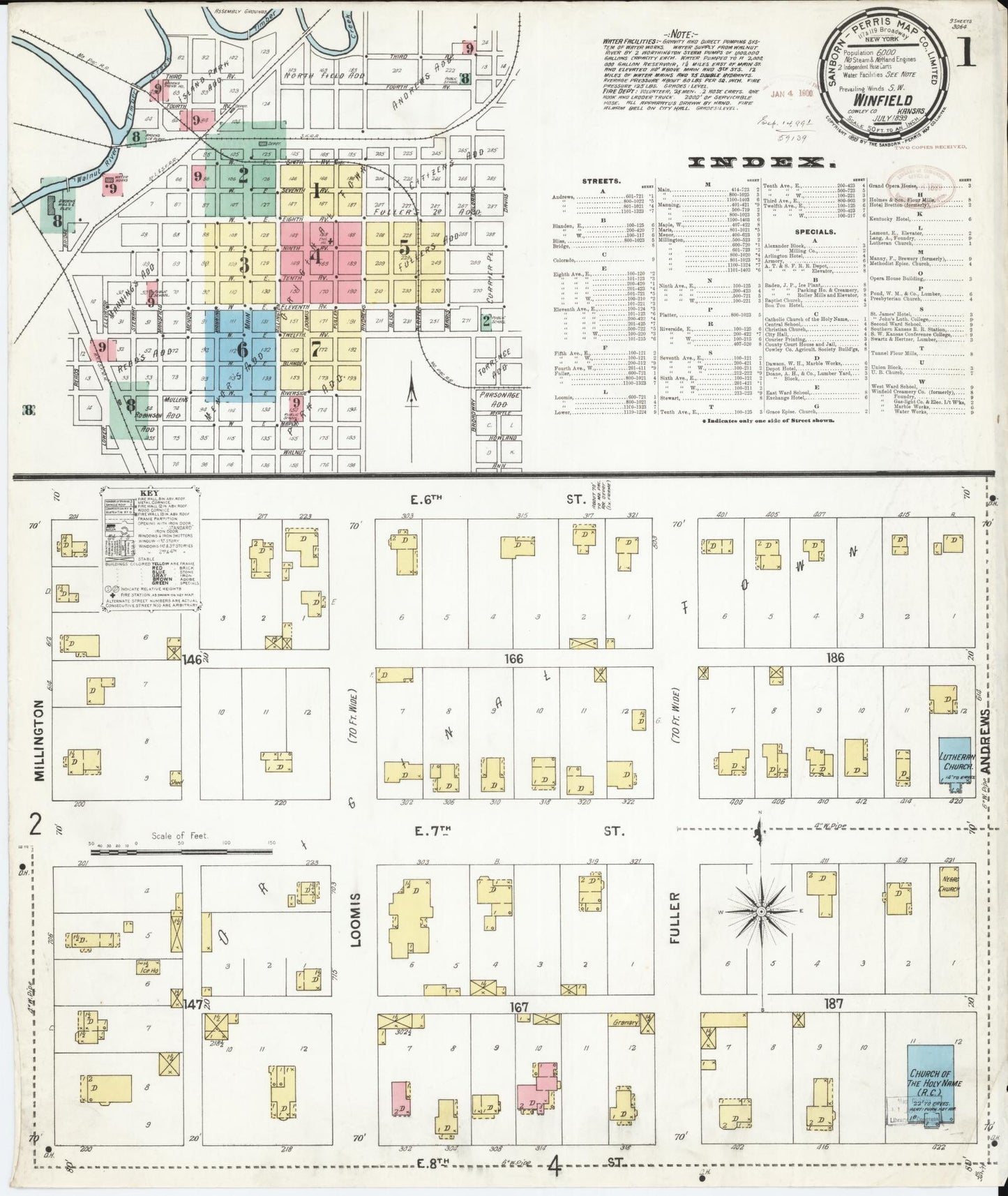 Sanborn Fire Insurance Map from Winfield, Cowley County, Kansas (1899), Sheet #0001 - Historic Sanborn Fire Insurance Map Print, vintage old map wall art, antique decor, genealogy gift, Kansas Kansas map