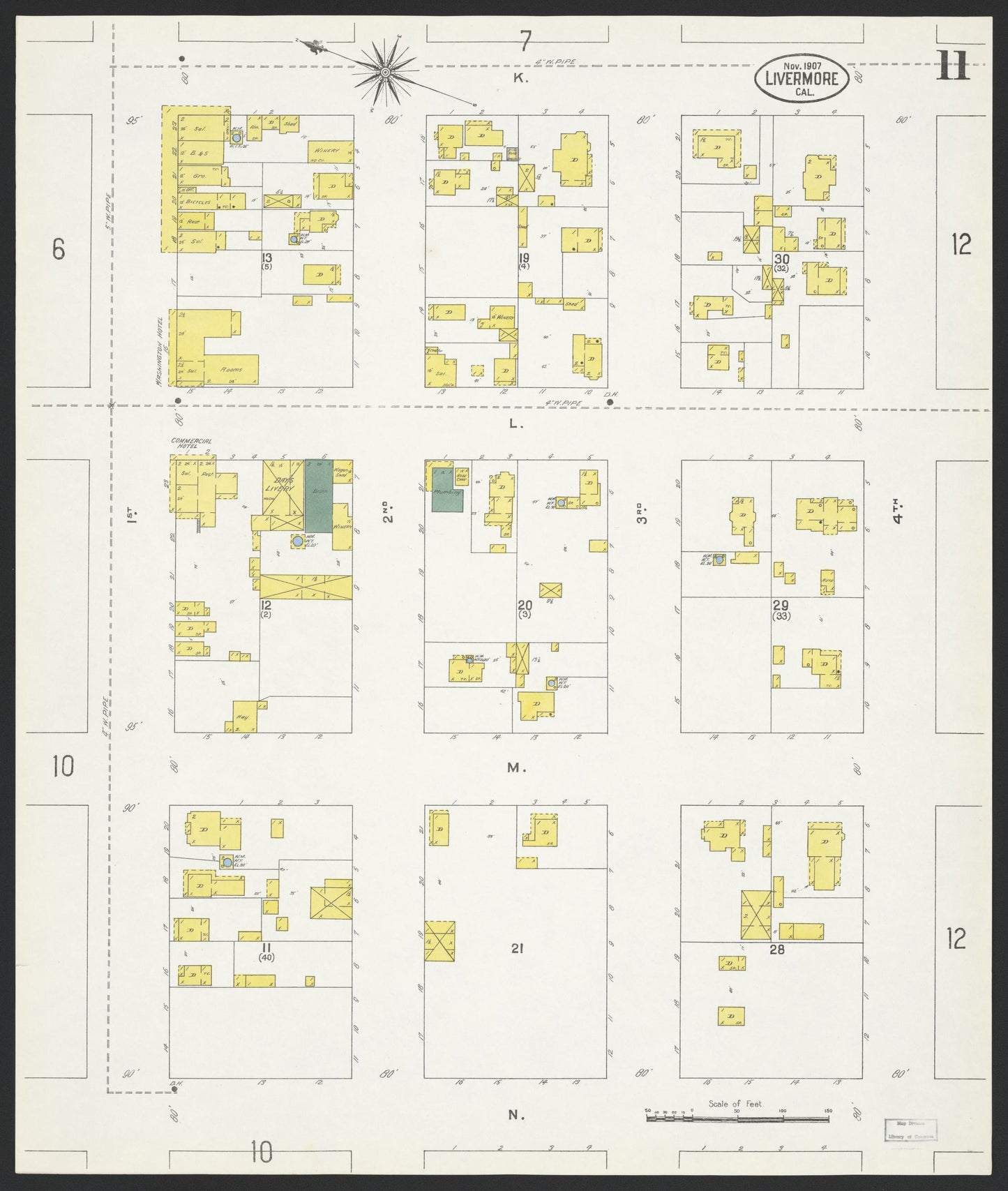 Sanborn Fire Insurance Map from Livermore, Alameda County, California (1907), Sheet #0011 - Historic Sanborn Fire Insurance Map Print, vintage old map wall art, antique decor, genealogy gift, California California map