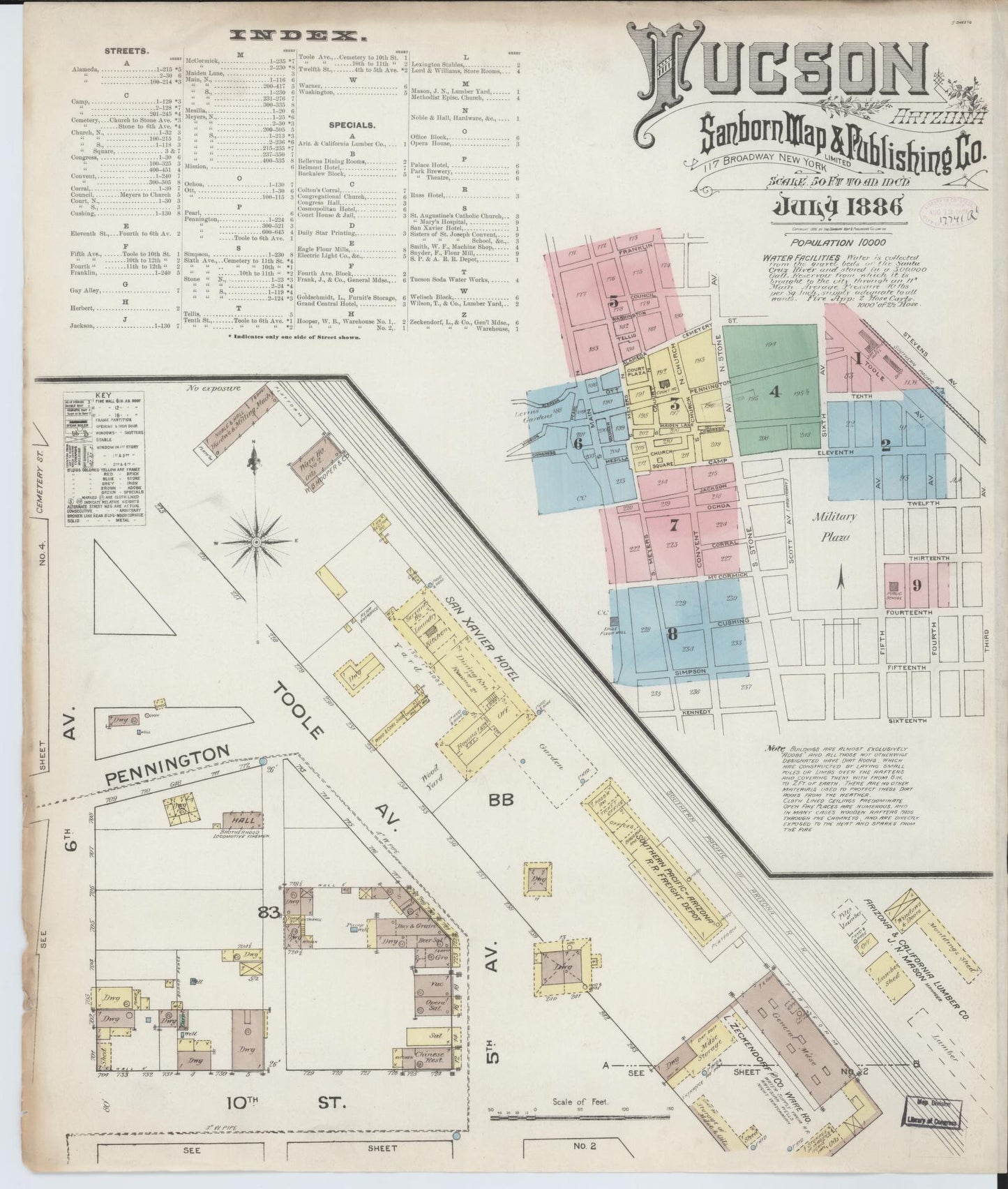 Sanborn Fire Insurance Map from Tucson, Pima County, Arizona (1886), Sheet #0001 - Historic Sanborn Fire Insurance Map Print, vintage old map wall art, antique decor, genealogy gift, Arizona Arizona map