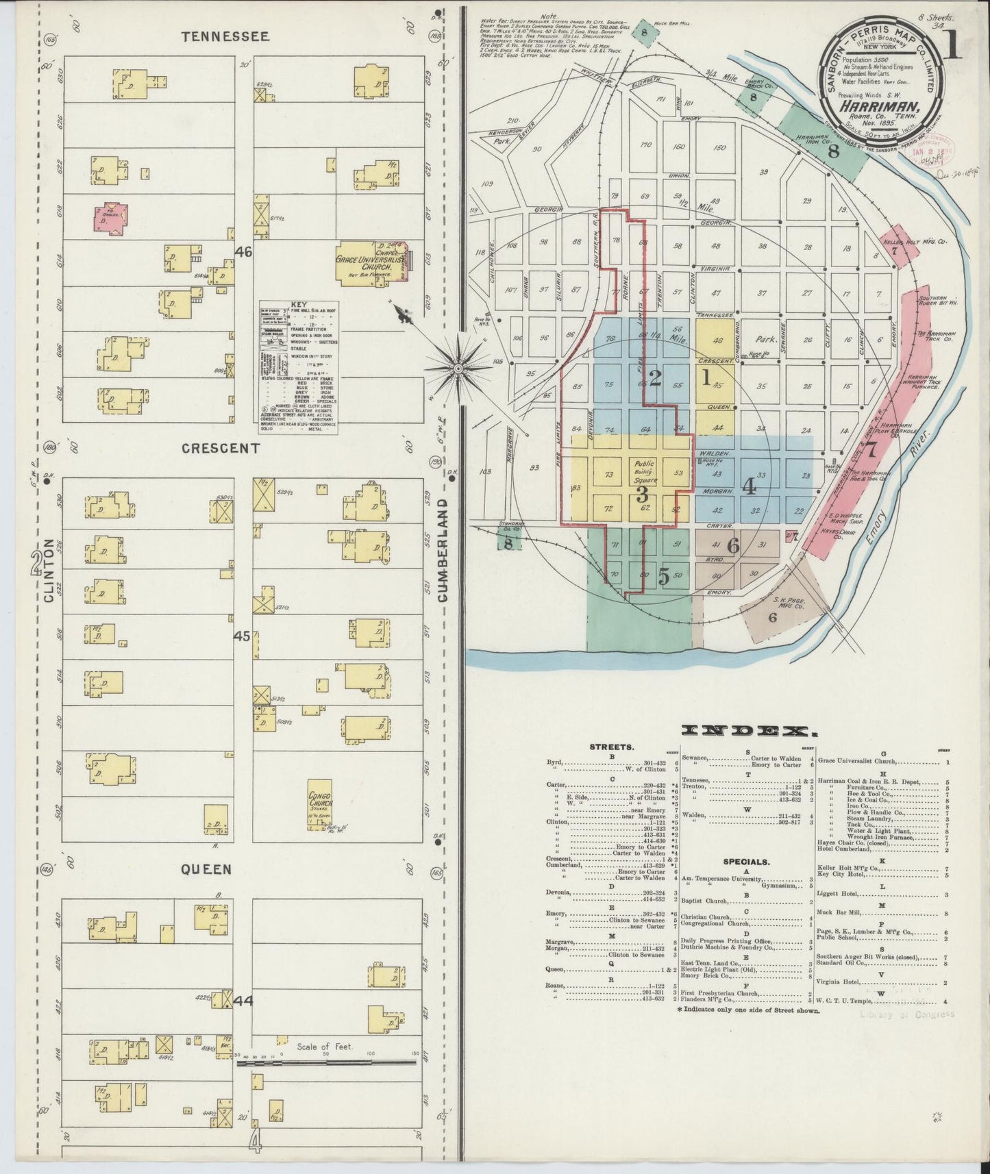 Sanborn Fire Insurance Map from Harriman, Roane County, Tennessee (1895), Sheet #0001 - Historic Sanborn Fire Insurance Map Print, vintage old map wall art, antique decor, genealogy gift, Tennessee Tennessee map