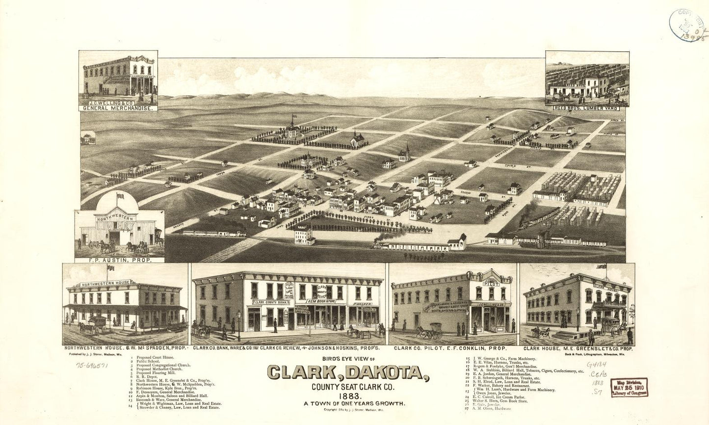 Bird's eye view of Clark, Dakota, county seat Clark Co. 1883. (1883) – Historic Bird’s-Eye View Panorama Print