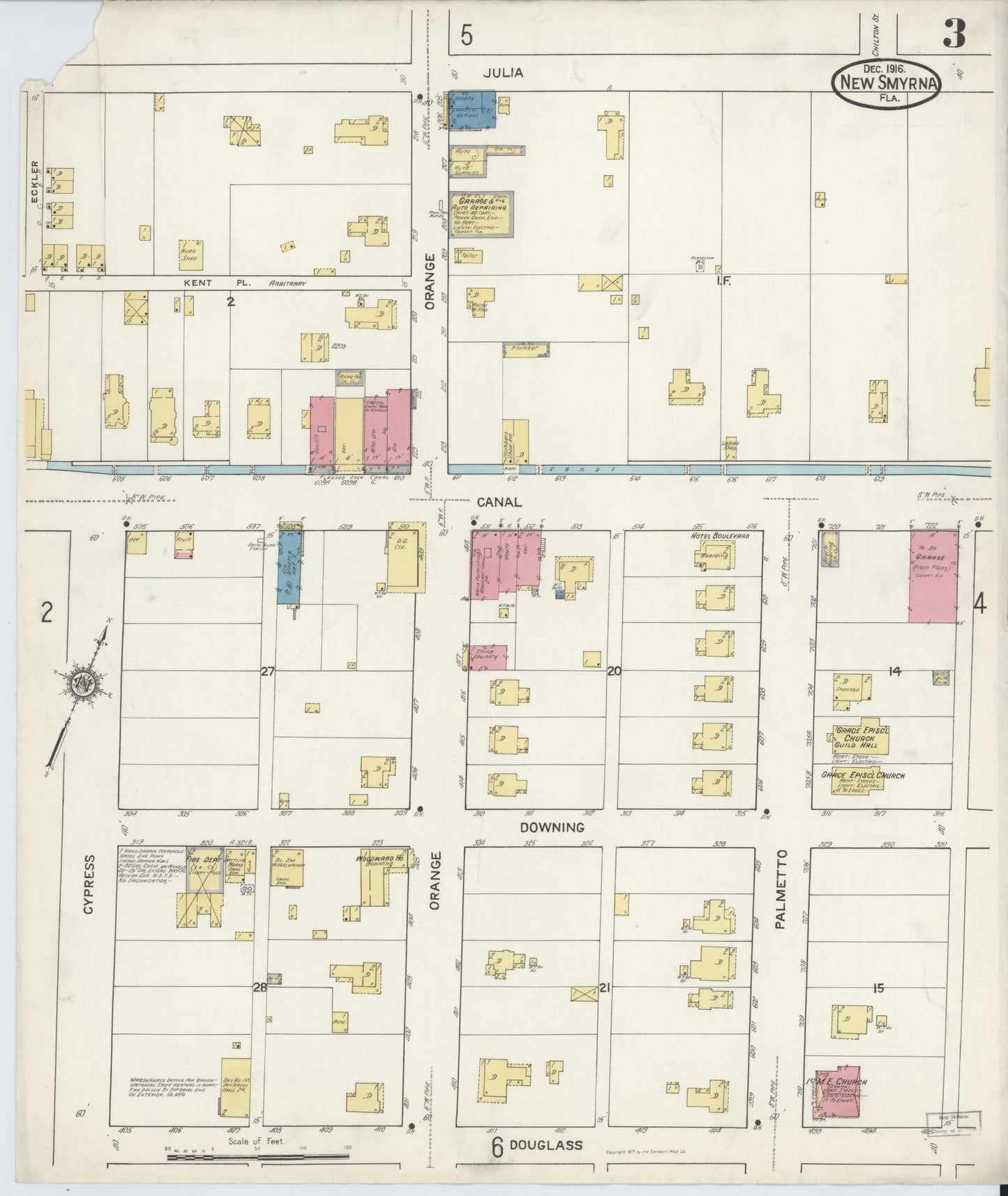 Sanborn Fire Insurance Map from New Smyrna, Valusia County, Florida (1916), Sheet #0003 - Historic Sanborn Fire Insurance Map Print, vintage old map wall art, antique decor, genealogy gift, Florida Florida map