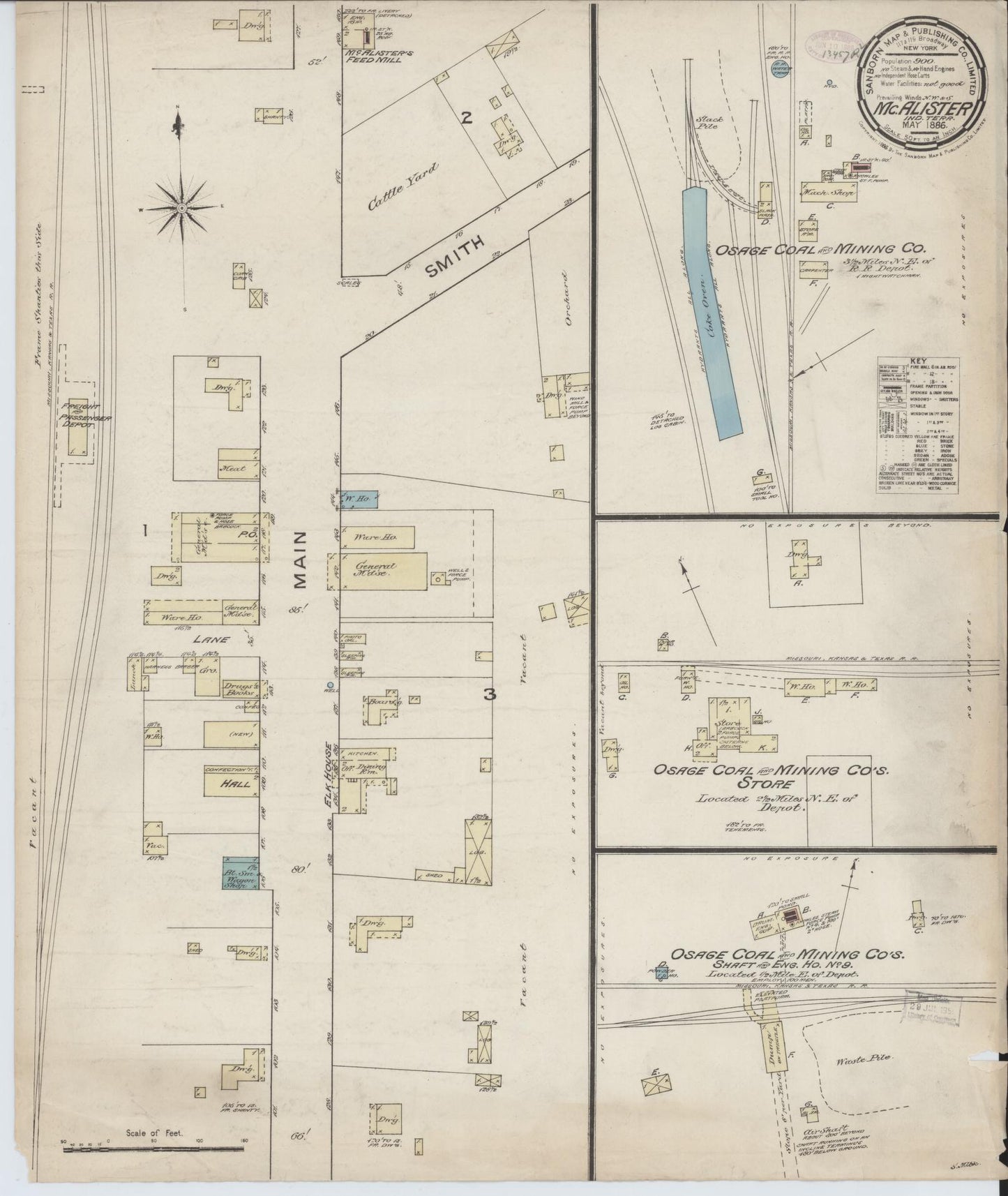 Sanborn Fire Insurance Map from McAlester, Pittsburg County, Oklahoma (1886), Sheet #0001 - Historic Sanborn Fire Insurance Map Print, vintage old map wall art, antique decor, genealogy gift, Oklahoma Oklahoma map