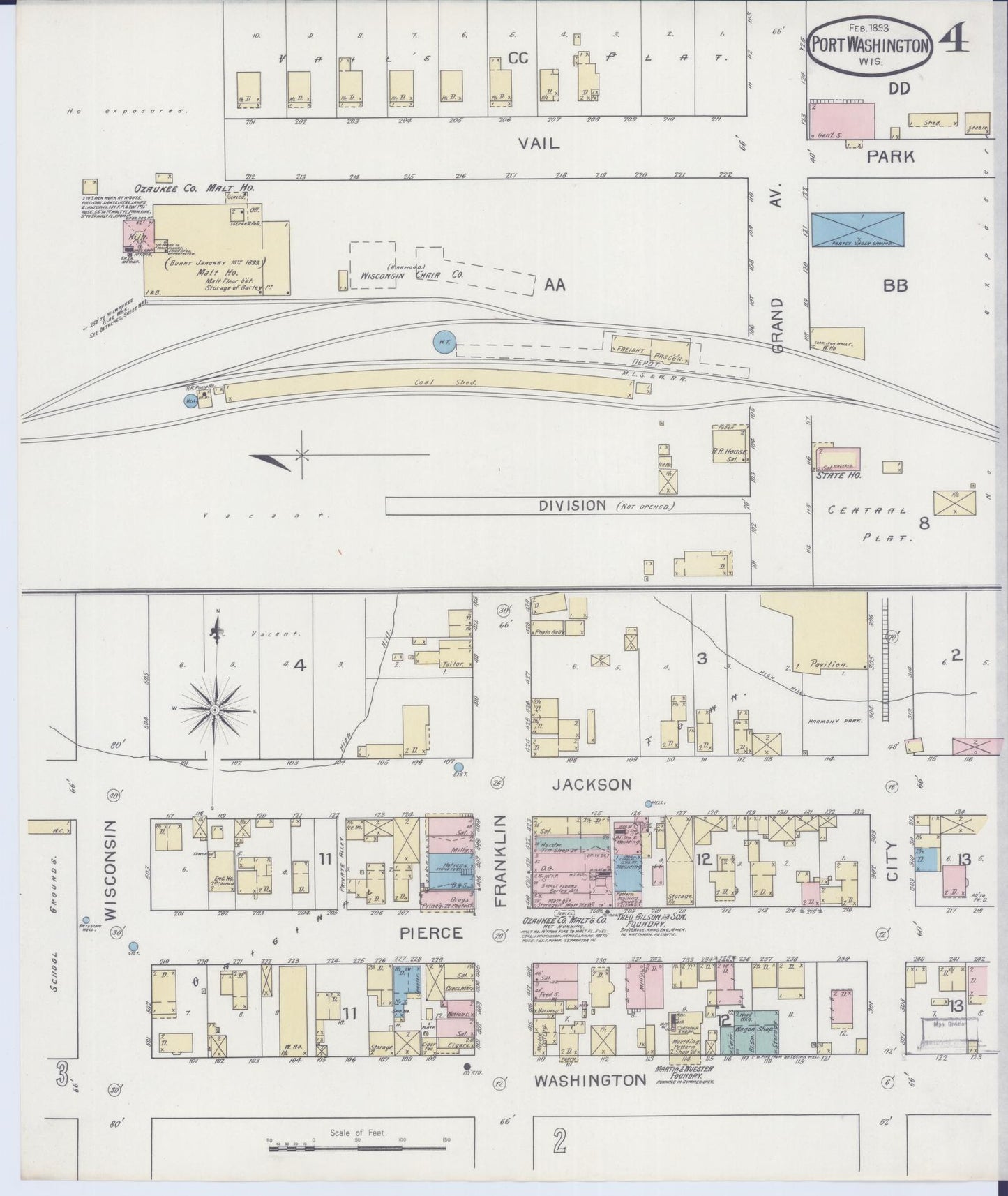 Sanborn Fire Insurance Map from Port Washington, Ozaukee County, Wisconsin (1893), Sheet #0004 - Historic Sanborn Fire Insurance Map Print, vintage old map wall art, antique decor, genealogy gift, Wisconsin Wisconsin map