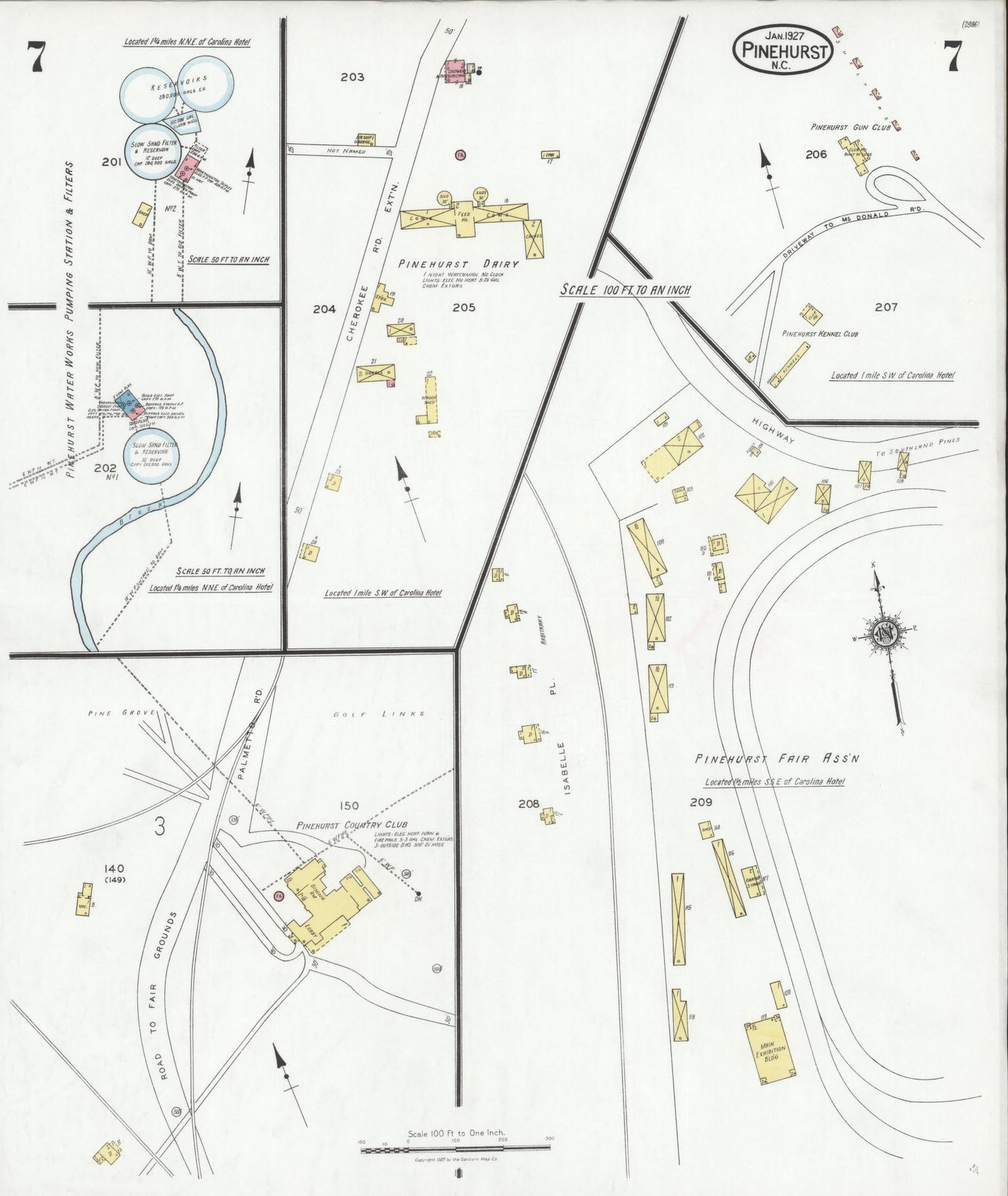 Sanborn Fire Insurance Map from Pinehurst, Moore County, North Carolina (1927), Sheet #0007 - Complete Map Set gallery image, historic Sanborn map, vintage wall art, North Carolina North Carolina