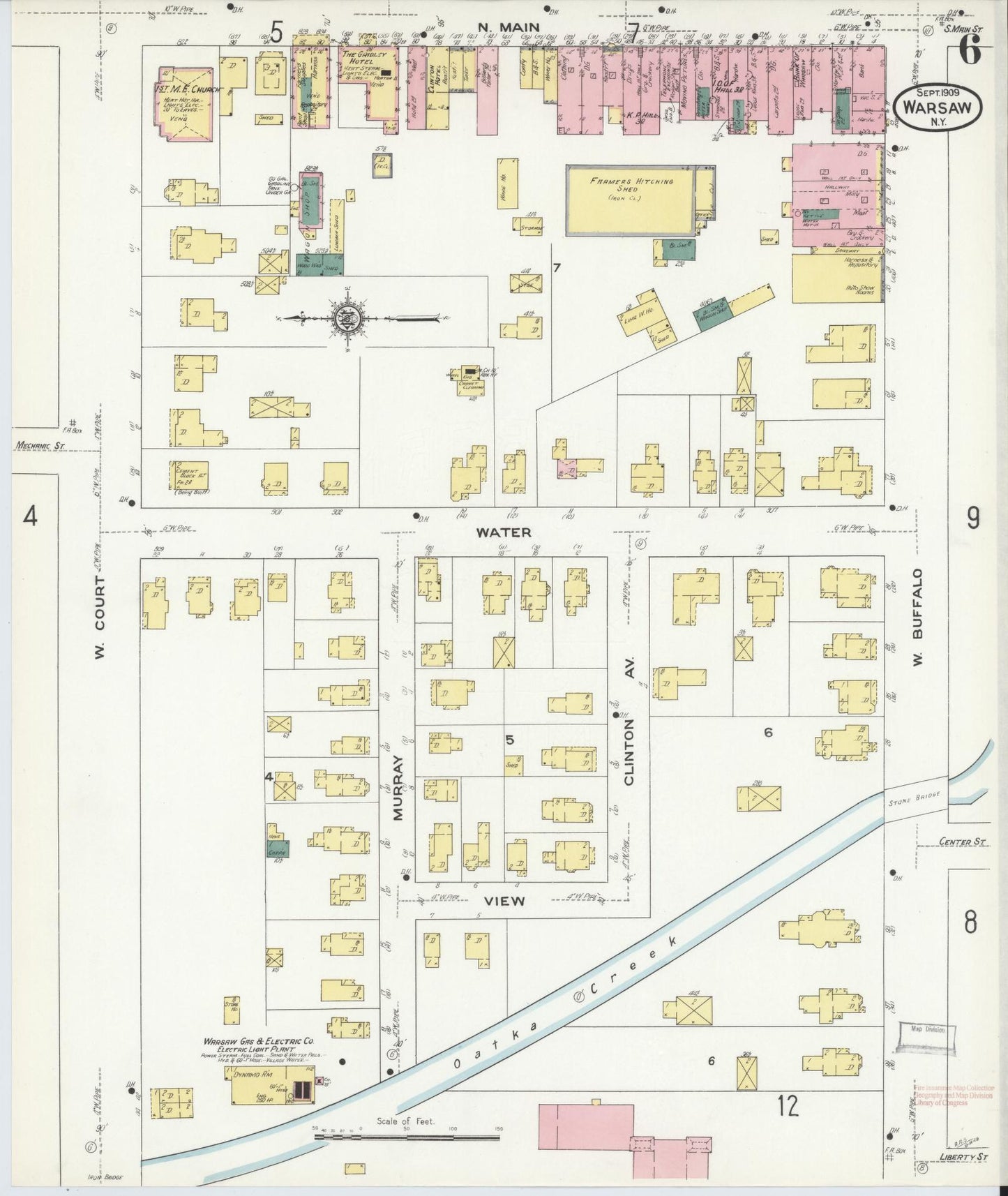 Sanborn Fire Insurance Map from Warsaw, Wyoming County, New York (1909), Sheet #0006 - Historic Sanborn Fire Insurance Map Print, vintage old map wall art, antique decor, genealogy gift, Warsaw Wyoming map