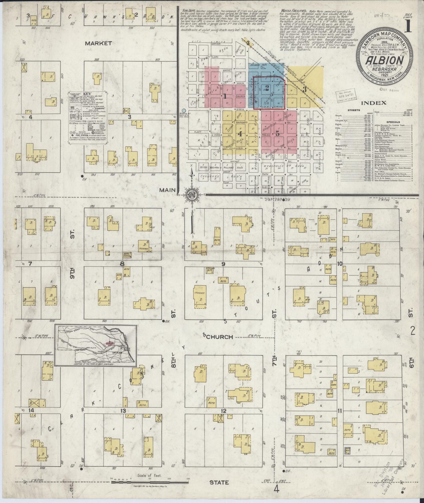 Sanborn Fire Insurance Map from Albion, Boone County, Nebraska (1921), Sheet #0001 - Historic Sanborn Fire Insurance Map Print, vintage old map wall art, antique decor, genealogy gift, Nebraska Nebraska map