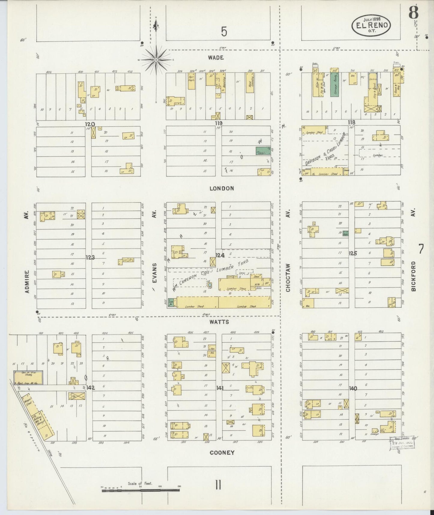 Sanborn Fire Insurance Map from El Reno, Canadian County, Oklahoma (1898), Sheet #0008 - Historic Sanborn Fire Insurance Map Print, vintage old map wall art, antique decor, genealogy gift, Oklahoma Oklahoma map