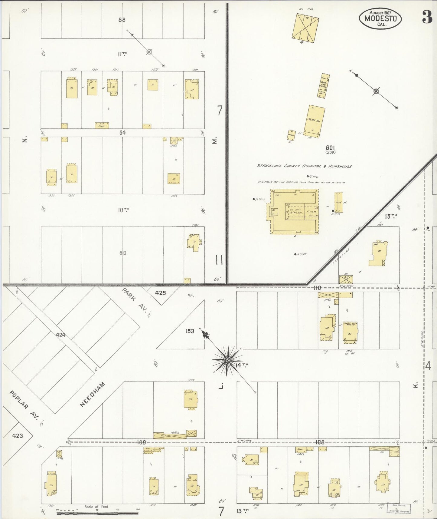 Sanborn Fire Insurance Map from Modesto, Stanislaus County, California (1907), Sheet #0003 - Historic Sanborn Fire Insurance Map Print, vintage old map wall art, antique decor, genealogy gift, California California map