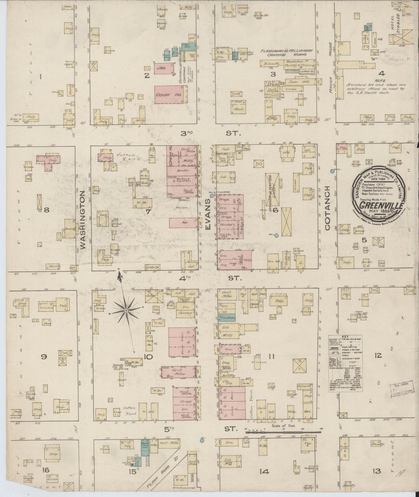 Sanborn Fire Insurance Map from Greenville, Pitt County, North Carolina (1885), Sheet #0001 - Historic Sanborn Fire Insurance Map Print, vintage old map wall art, antique decor, genealogy gift, North Carolina North Carolina map