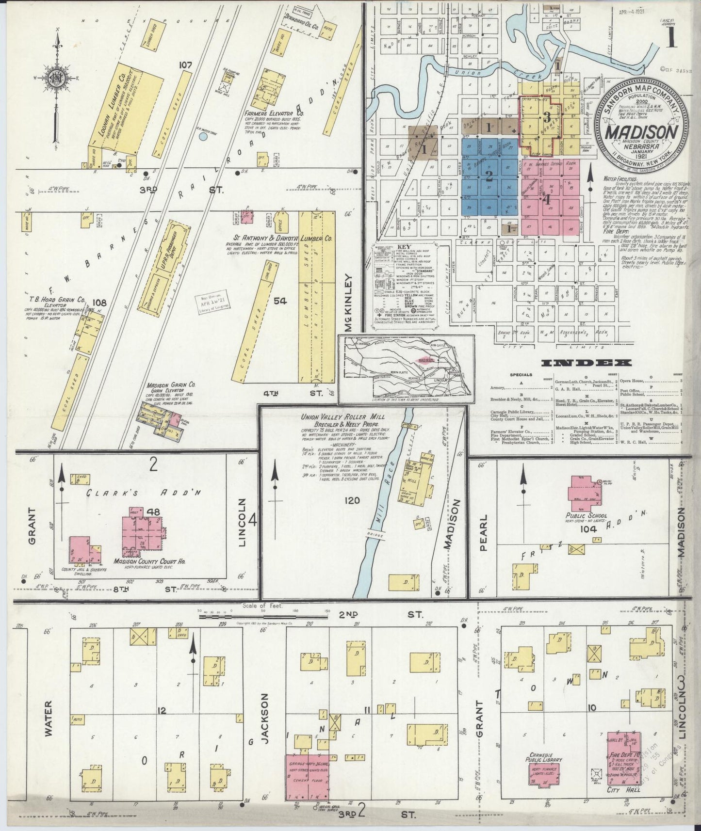 Sanborn Fire Insurance Map from Madison, Madison County, Nebraska (1921), Sheet #0001 - Historic Sanborn Fire Insurance Map Print, vintage old map wall art, antique decor, genealogy gift, Nebraska Nebraska map
