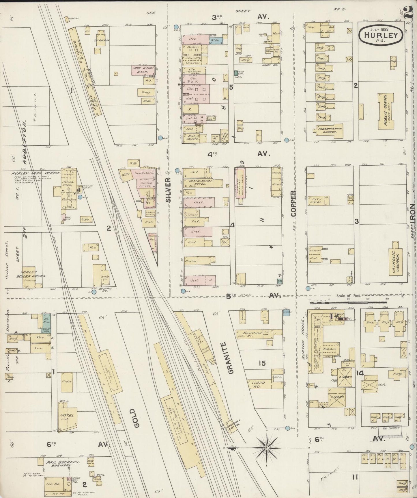 Sanborn Fire Insurance Map from Hurley, Iron County, Wisconsin (1888), Sheet #0002 - Historic Sanborn Fire Insurance Map Print, vintage old map wall art, antique decor, genealogy gift, Wisconsin Wisconsin map