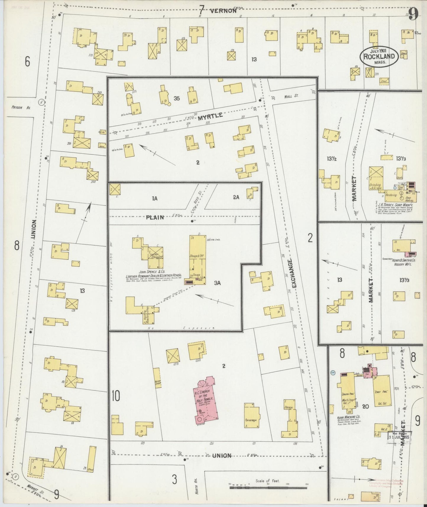 Sanborn Fire Insurance Map from Rockland, Plymouth County, Massachusetts (1901), Sheet #0009 - Historic Sanborn Fire Insurance Map Print, vintage old map wall art, antique decor, genealogy gift, Massachusetts Massachusetts map