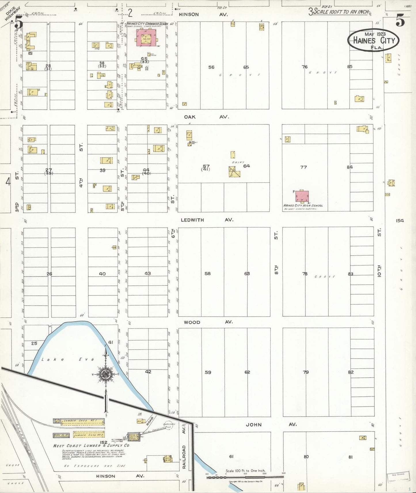 Sanborn Fire Insurance Map from Haines City, Polk County, Florida (1923), Sheet #0005 - Historic Sanborn Fire Insurance Map Print, vintage old map wall art, antique decor, genealogy gift, Florida Florida map