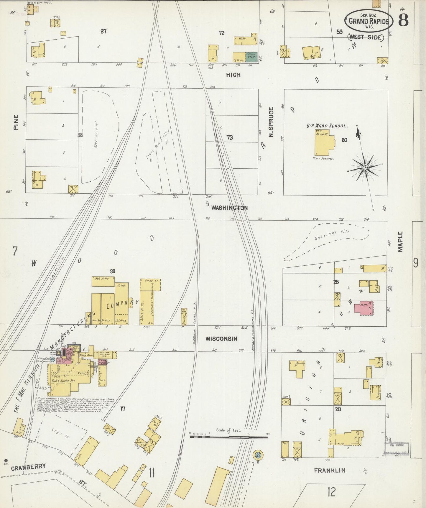 Sanborn Fire Insurance Map from Grand Rapids, Wood County, Wisconsin (1902), Sheet #0008 - Historic Sanborn Fire Insurance Map Print, vintage old map wall art, antique decor, genealogy gift, Wisconsin Wisconsin map