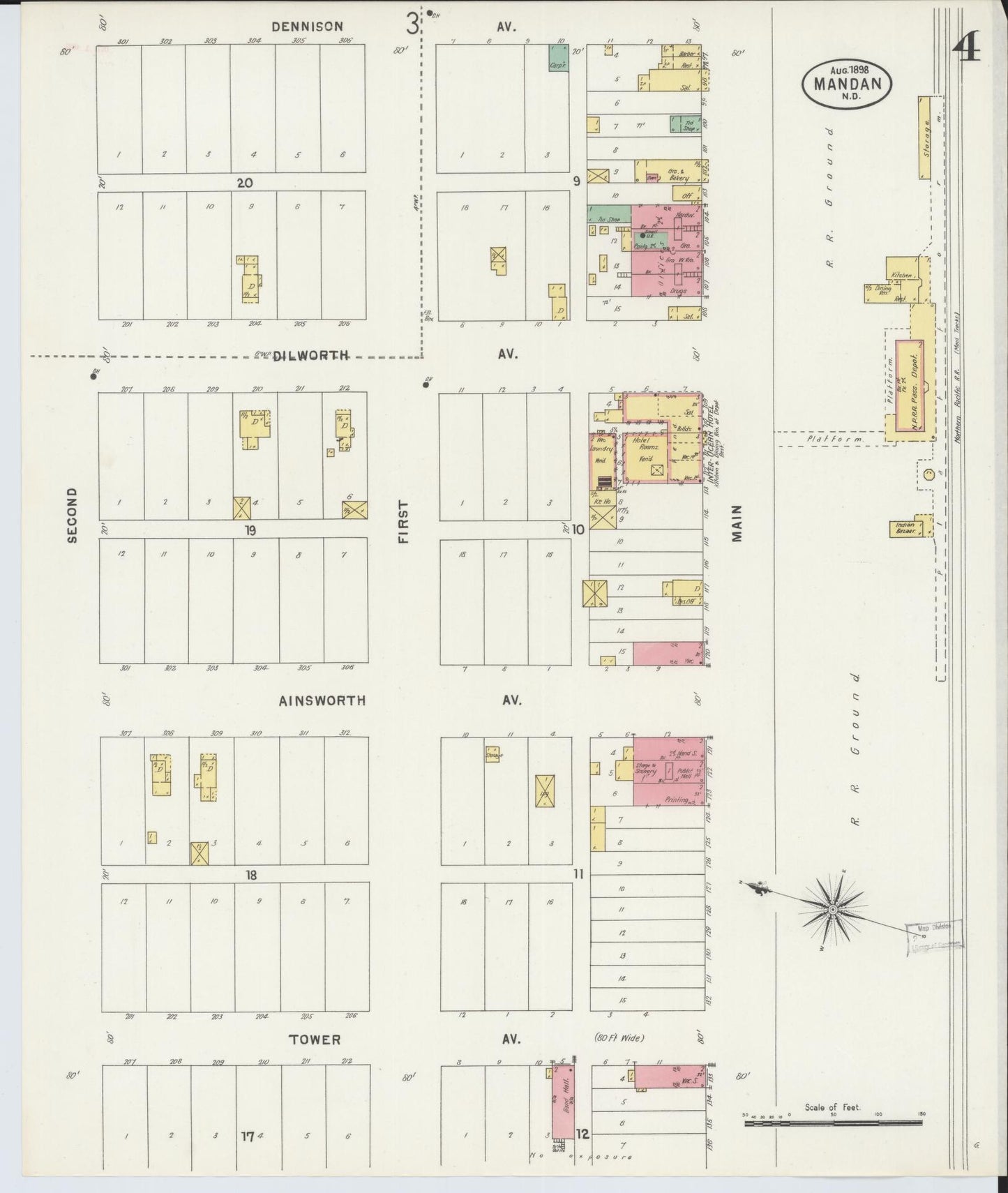Sanborn Fire Insurance Map from Mandan, Morton County, North Dakota (1898), Sheet #0004 - Historic Sanborn Fire Insurance Map Print, vintage old map wall art, antique decor, genealogy gift, North Dakota North Dakota map