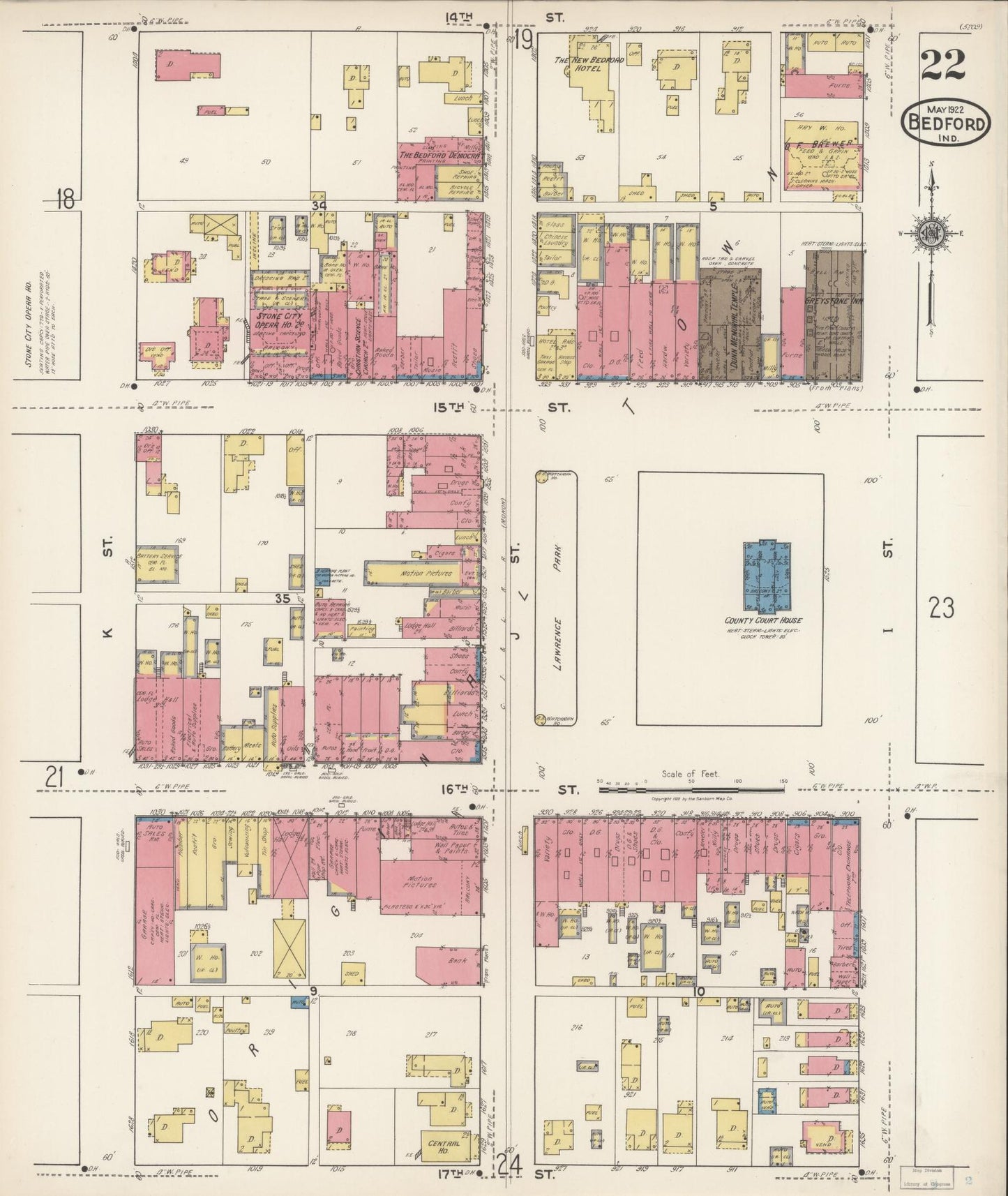Sanborn Fire Insurance Map from Bedford, Lawrence County, Indiana (1922), Sheet #0022 - Historic Sanborn Fire Insurance Map Print, vintage old map wall art, antique decor, genealogy gift, Indiana Indiana map