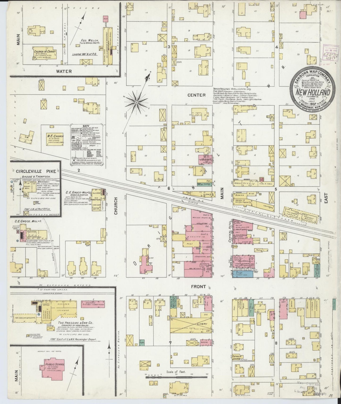 Sanborn Fire Insurance Map from New Holland, Pickaway County, Ohio (1907), Sheet #0001 - Historic Sanborn Fire Insurance Map Print, vintage old map wall art, antique decor, genealogy gift, Ohio Ohio map