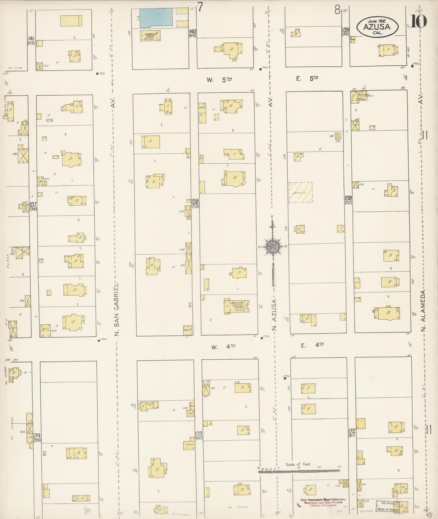 Sanborn Fire Insurance Map from Azusa, Los Angeles County, California (1912), Sheet #0010 - Historic Sanborn Fire Insurance Map Print, vintage old map wall art, antique decor, genealogy gift, California California map