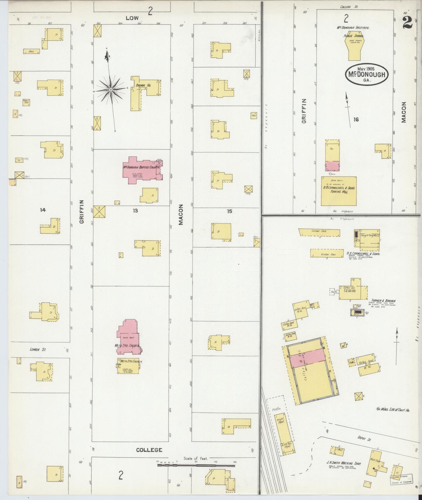 Sanborn Fire Insurance Map from Mcdonough, Henry County, Georgia (1905), Sheet #0002 - Historic Sanborn Fire Insurance Map Print, vintage old map wall art, antique decor, genealogy gift, Georgia Georgia map