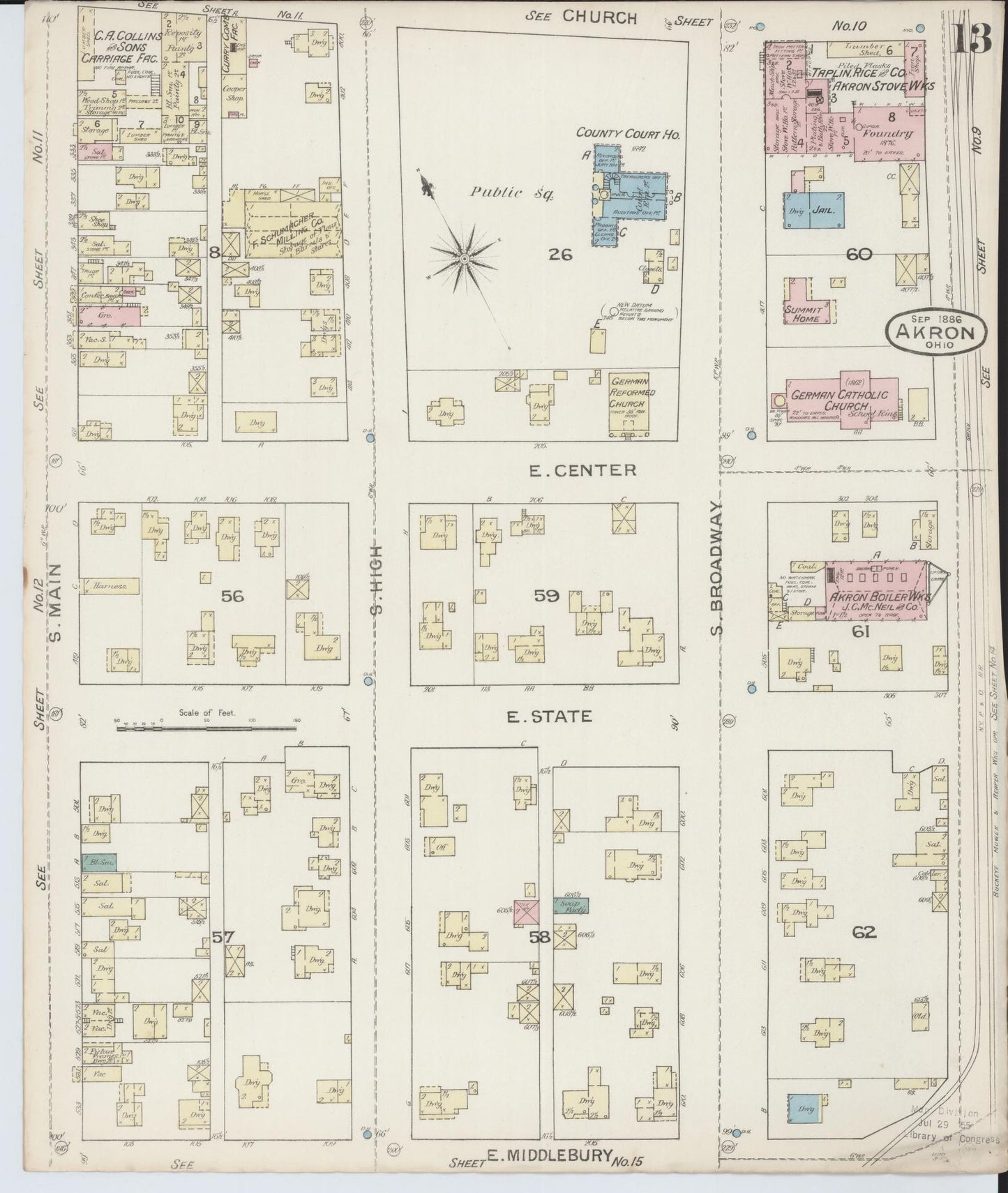 Sanborn Fire Insurance Map from Akron, Summit County, Ohio (1886), Sheet #0013 - Historic Sanborn Fire Insurance Map Print, vintage old map wall art, antique decor, genealogy gift, Ohio Ohio map
