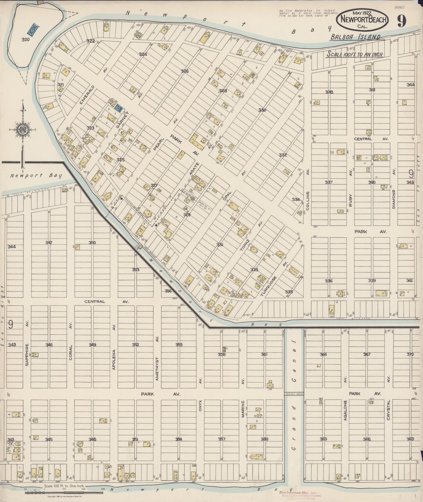 Sanborn Fire Insurance Map from Newport Beach, Orange County, California (1922), Sheet #0009 - Historic Sanborn Fire Insurance Map Print, vintage old map wall art, antique decor, genealogy gift, California California map