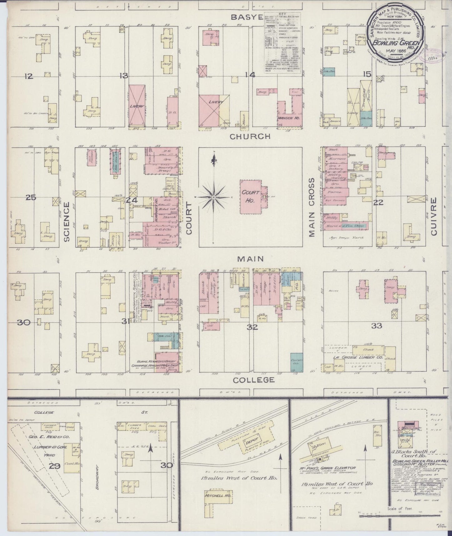 Sanborn Fire Insurance Map from Bowling Green, Pike County, Missouri (1886), Sheet #0001 - Historic Sanborn Fire Insurance Map Print, vintage old map wall art, antique decor, genealogy gift, Missouri Missouri map