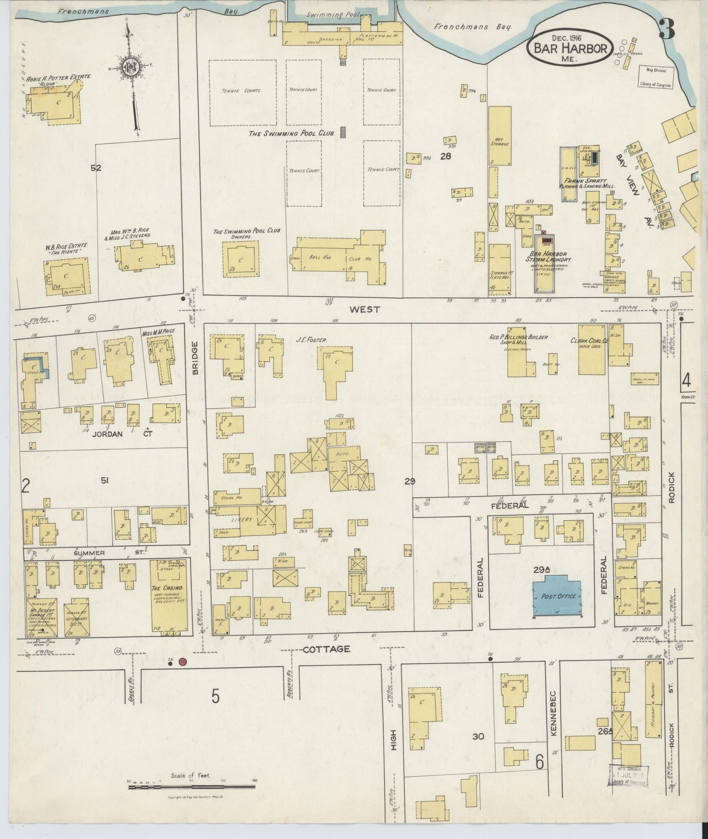 Sanborn Fire Insurance Map from Bar Harbor, Hancock County, Maine (1916), Sheet #0003 - Complete Map Set gallery image, historic Sanborn map, vintage wall art, Maine Maine