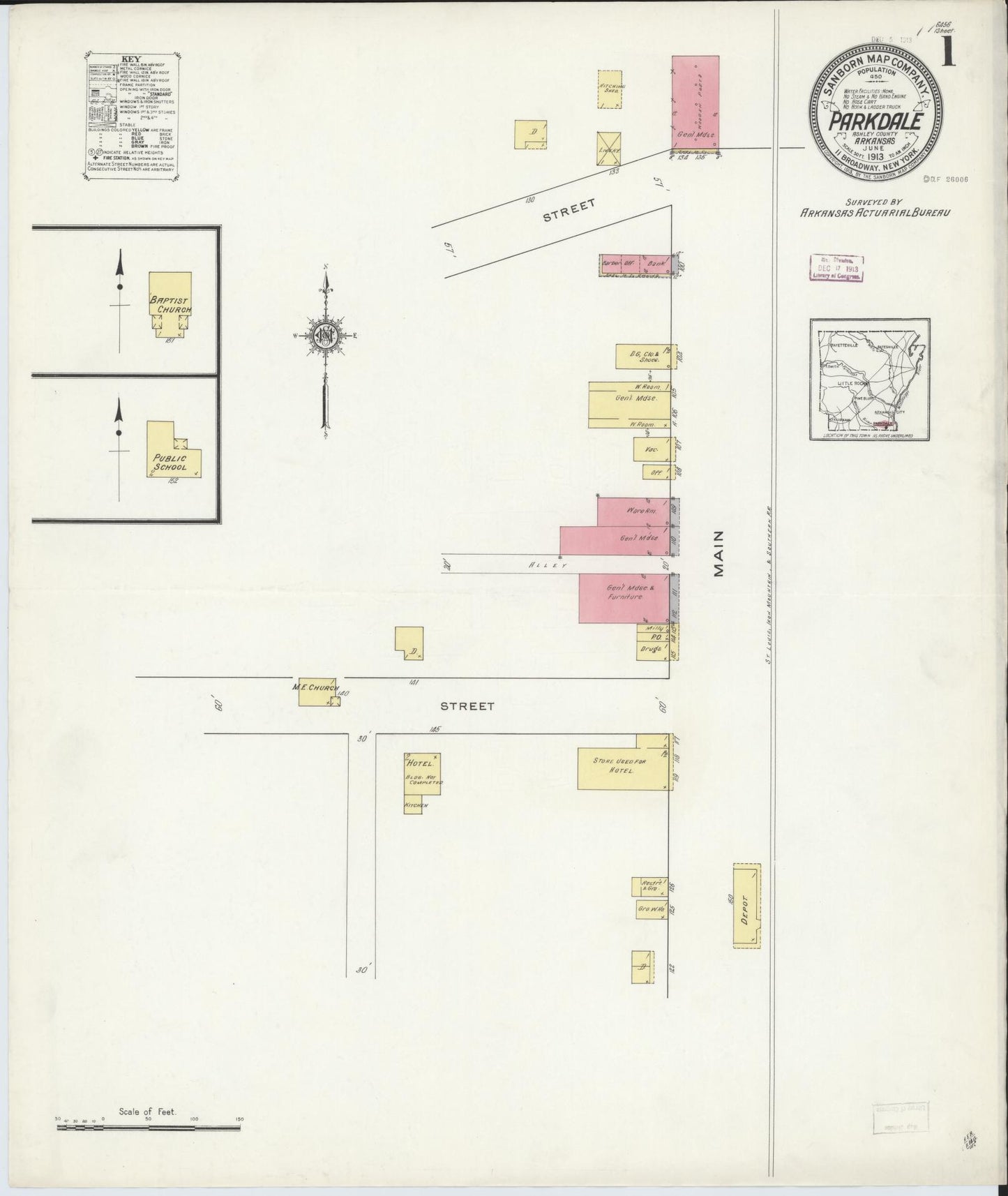 Sanborn Fire Insurance Map from Parkdale, Ashley County, Arkansas (1913), Sheet #0001 - Historic Sanborn Fire Insurance Map Print, vintage old map wall art, antique decor, genealogy gift, Arkansas Arkansas map