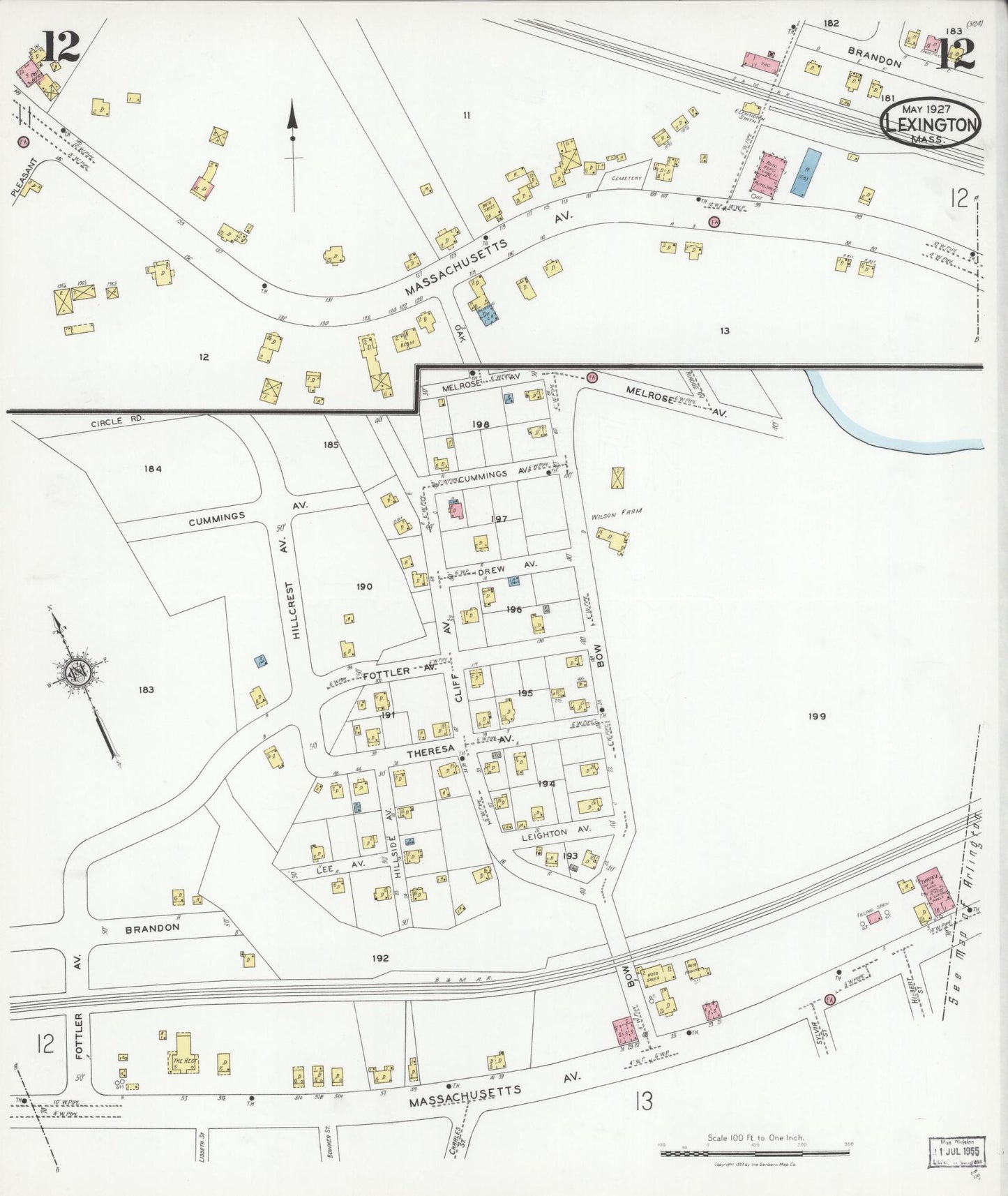 Sanborn Fire Insurance Map from Lexington, Middlesex County, Massachusetts (1927), Sheet #0012 - Historic Sanborn Fire Insurance Map Print, vintage old map wall art, antique decor, genealogy gift, Massachusetts Massachusetts map