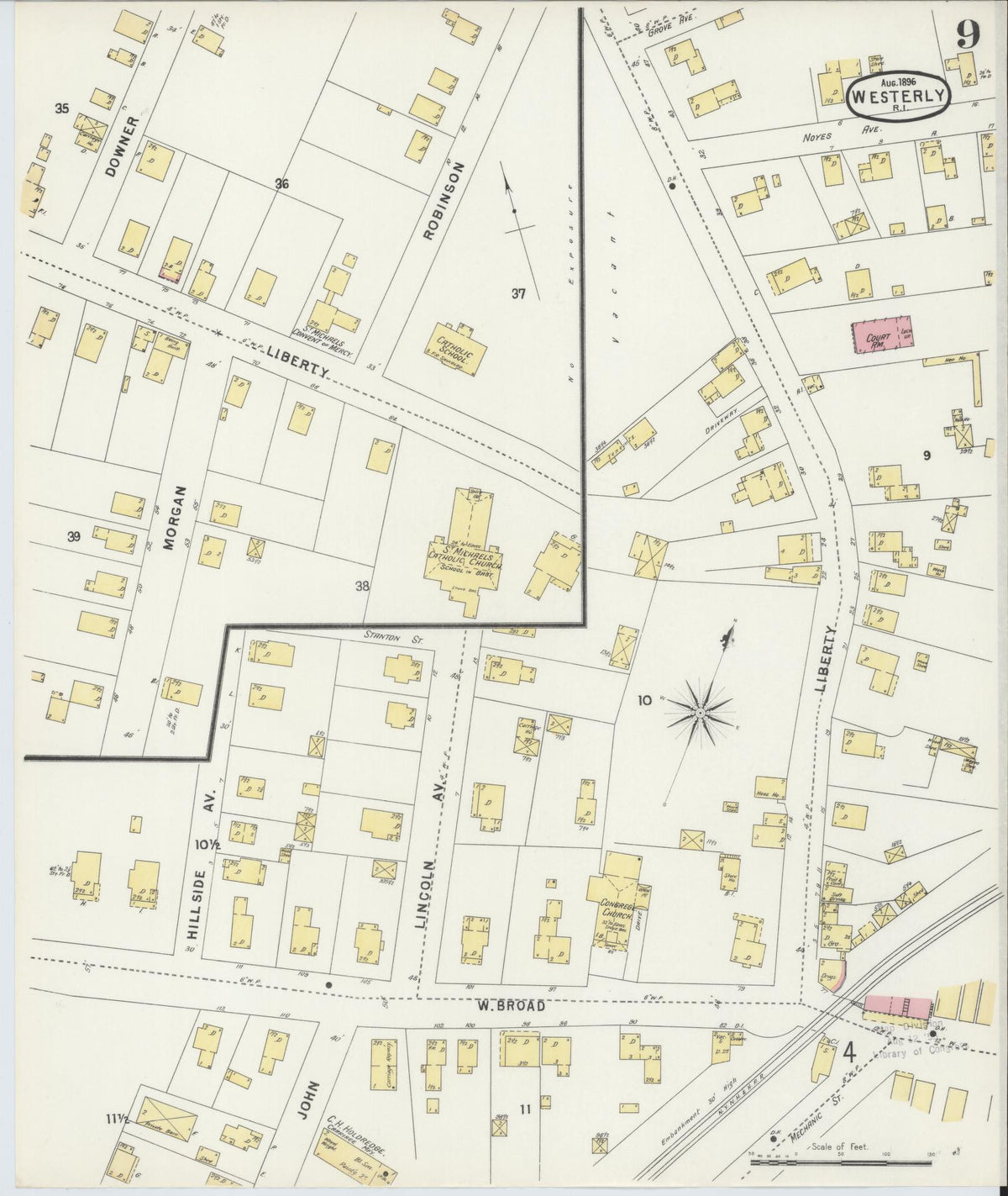 Sanborn Fire Insurance Map from Westerly, Washington County, Rhode Island (1896), Sheet #0009 - Historic Sanborn Fire Insurance Map Print, vintage old map wall art, antique decor, genealogy gift, Rhode Island Rhode Island map