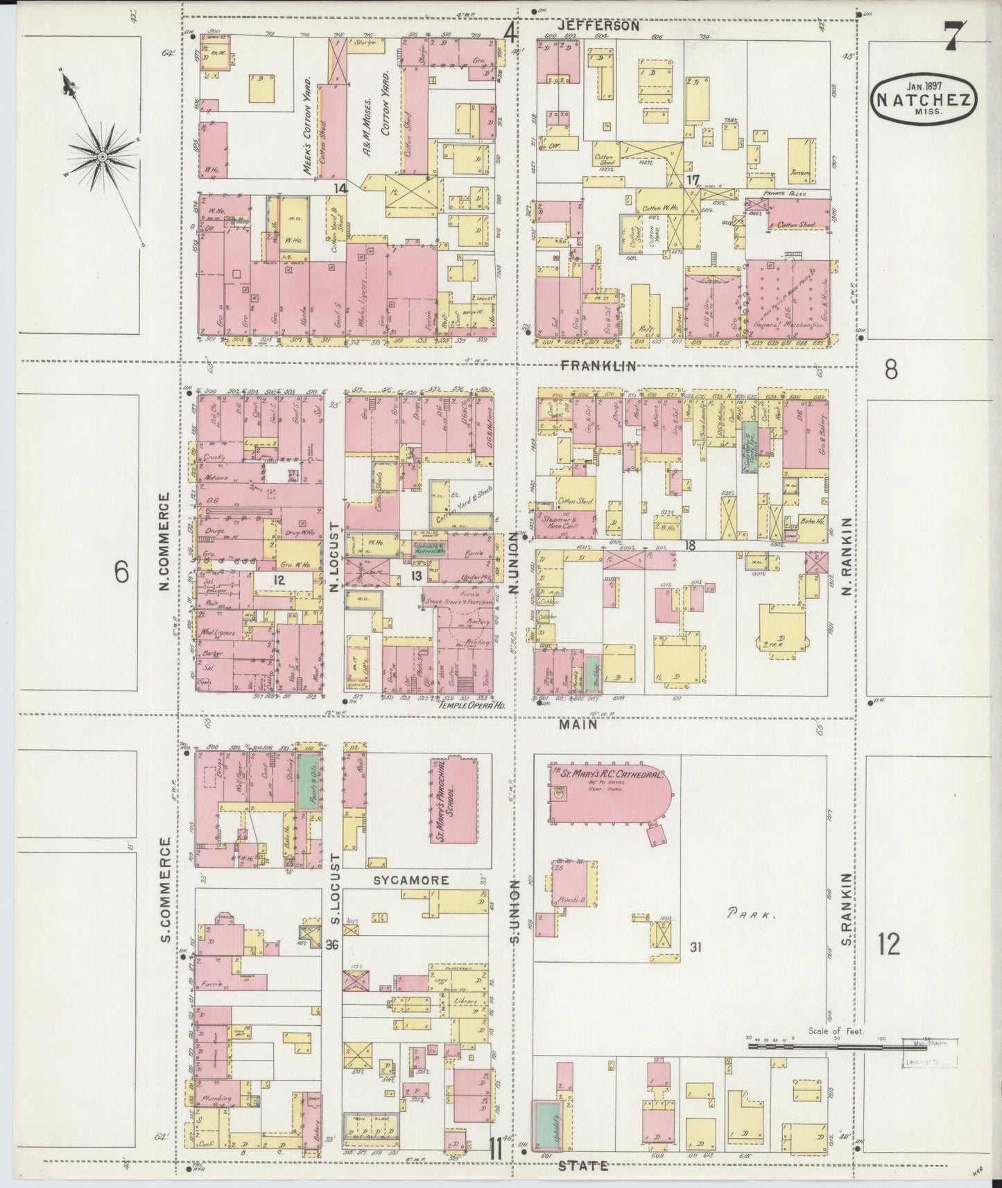 Sanborn Fire Insurance Map from Natchez, Adams County, Mississippi (1897), Sheet #0007 - Historic Sanborn Fire Insurance Map Print, vintage old map wall art, antique decor, genealogy gift, Mississippi Mississippi map