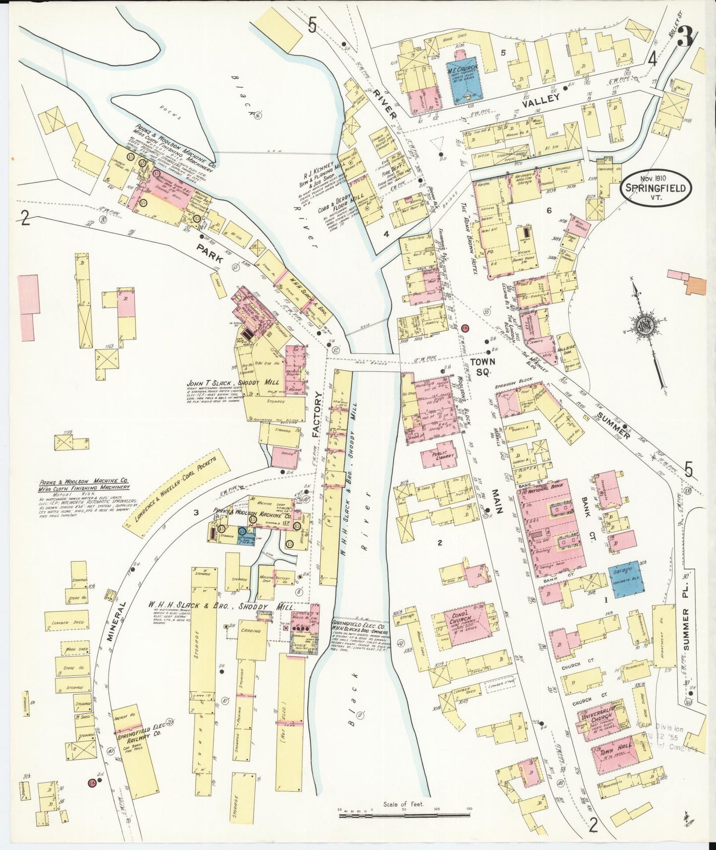 Sanborn Fire Insurance Map from Springfield, Windsor County, Vermont (1910), Sheet #0003 - Historic Sanborn Fire Insurance Map Print, vintage old map wall art, antique decor, genealogy gift, Vermont Vermont map