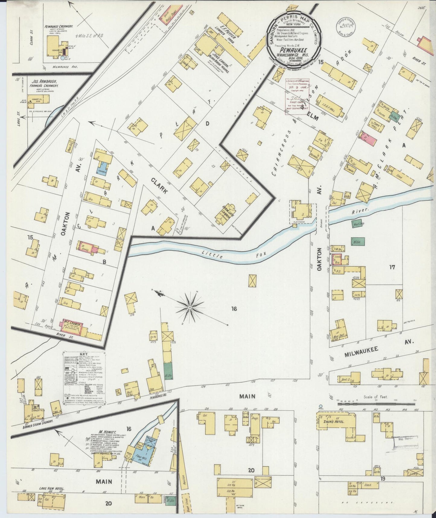 Sanborn Fire Insurance Map from Pewaukee, Waukesha County, Wisconsin (1899), Sheet #0001 - Historic Sanborn Fire Insurance Map Print, vintage old map wall art, antique decor, genealogy gift, Wisconsin Wisconsin map