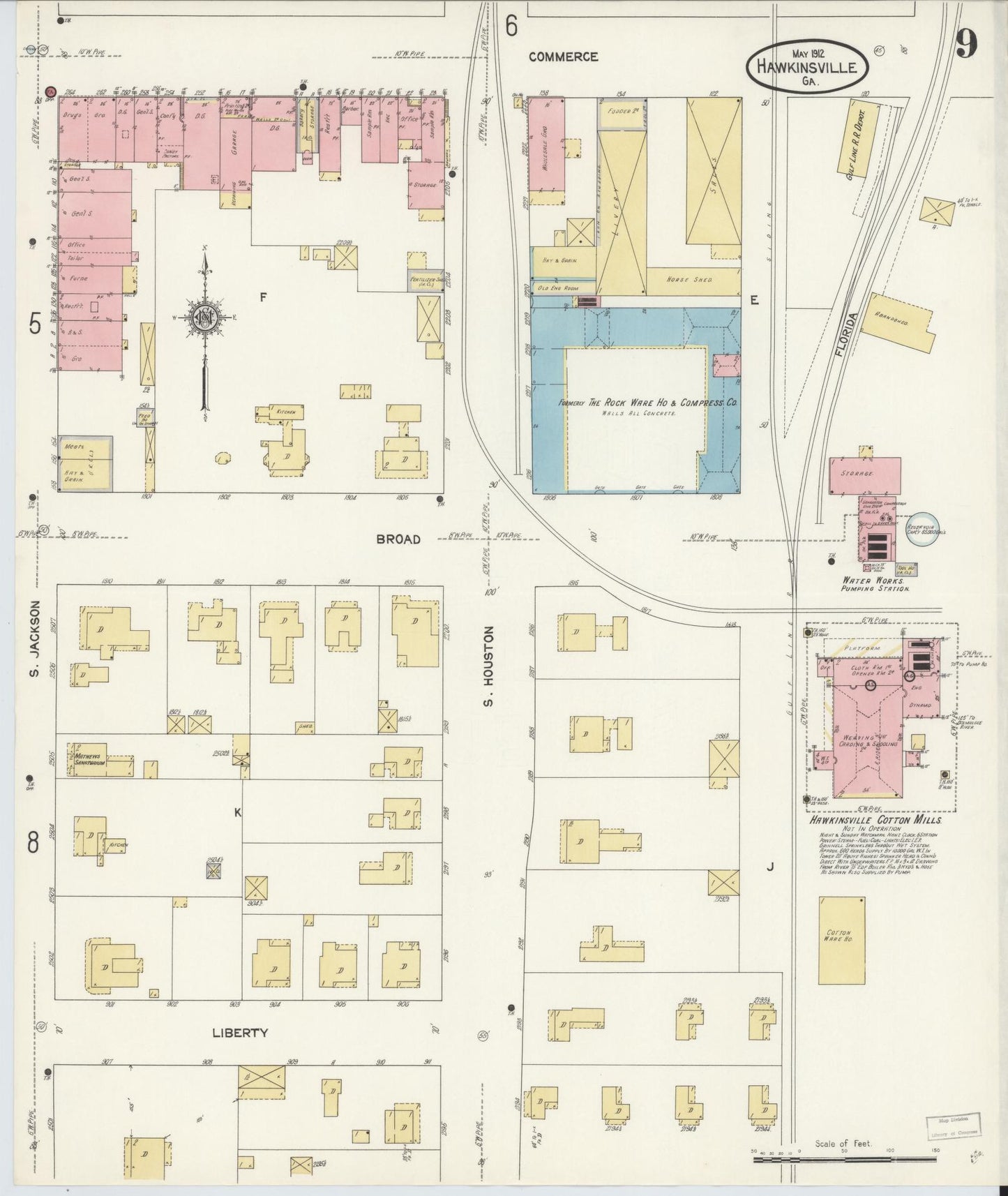 Sanborn Fire Insurance Map from Hawkinsville, Pulaski County, Georgia (1912), Sheet #0009 - Historic Sanborn Fire Insurance Map Print, vintage old map wall art, antique decor, genealogy gift, Georgia Georgia map