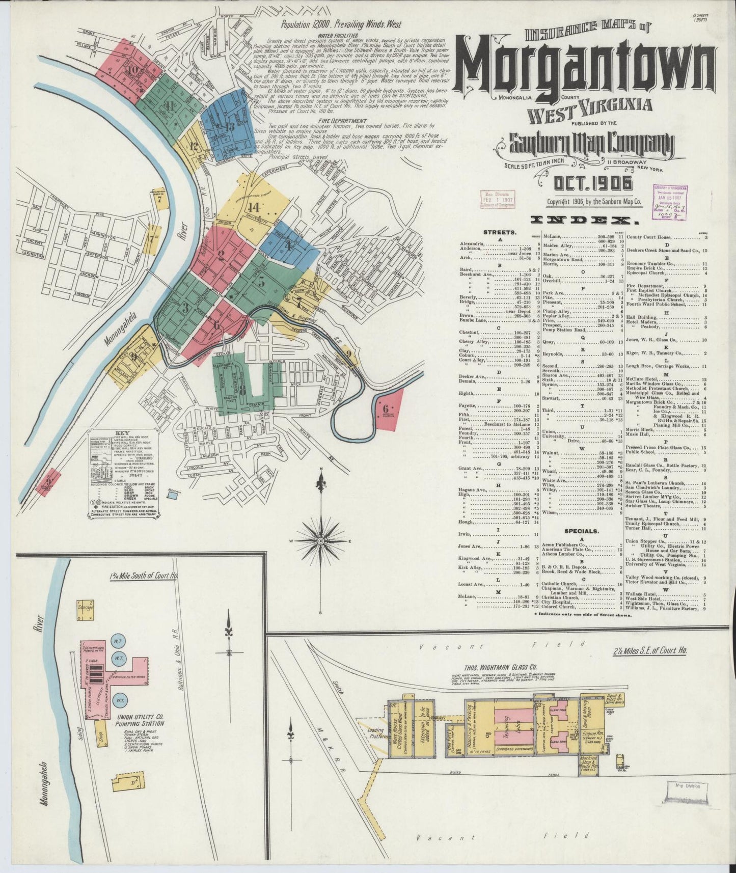 Sanborn Fire Insurance Map from Morgantown, Monongalia County, West Virginia (1906), Sheet #0001 - Historic Sanborn Fire Insurance Map Print, vintage old map wall art, antique decor, genealogy gift, West Virginia West Virginia map