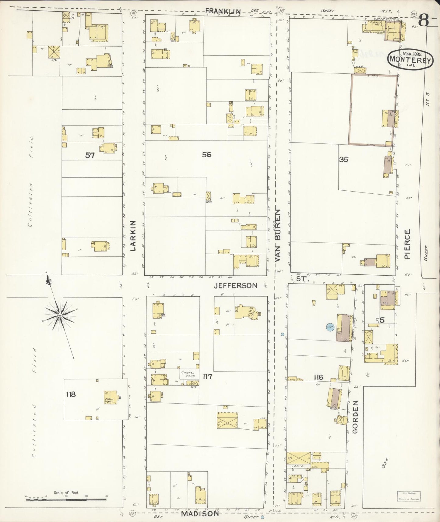 Sanborn Fire Insurance Map from Monterey, Monterey County, California (1892), Sheet #0008 - Historic Sanborn Fire Insurance Map Print, vintage old map wall art, antique decor, genealogy gift, California California map