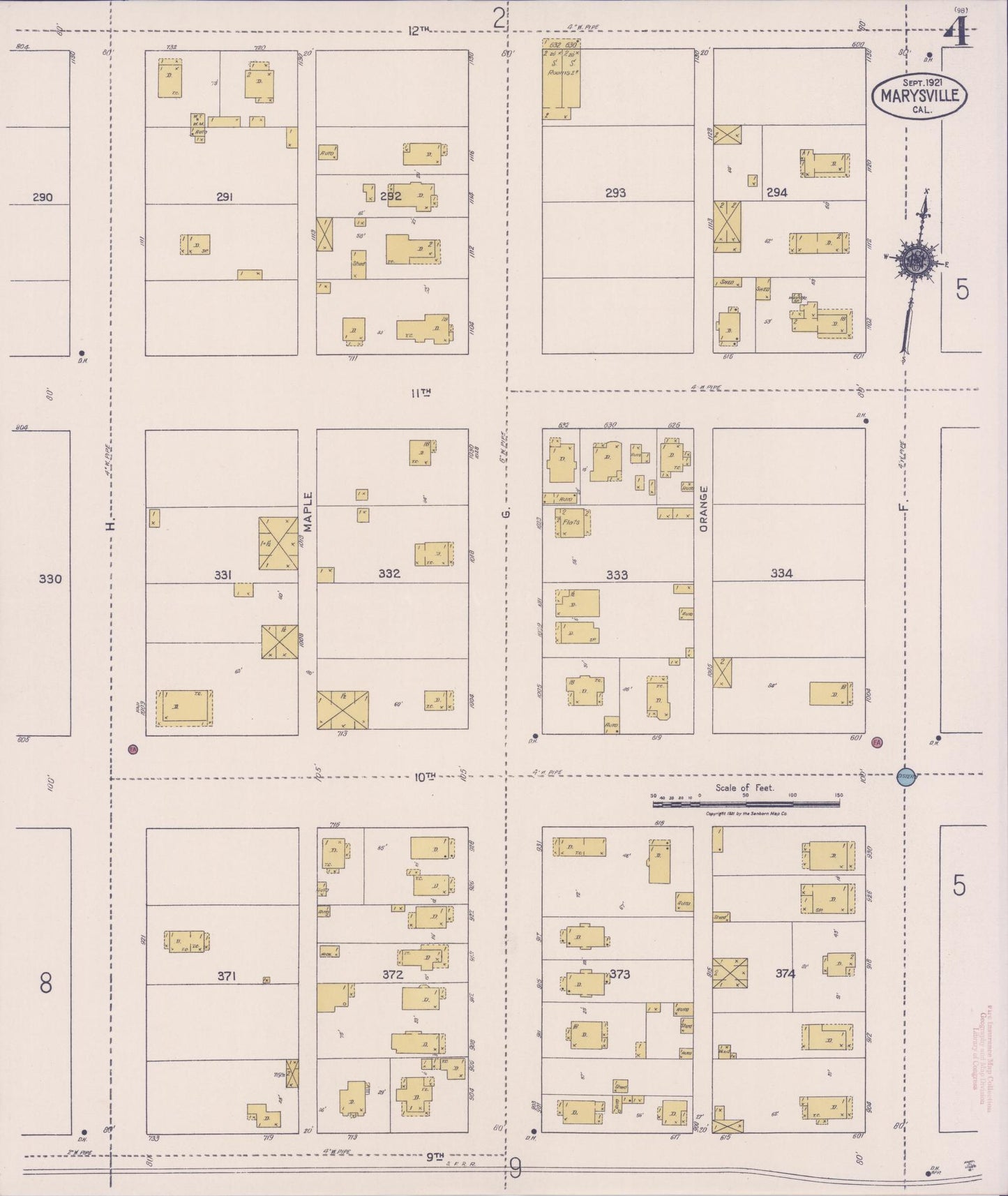 Sanborn Fire Insurance Map from Marysville, Yuba County, California (1921), Sheet #0004 - Historic Sanborn Fire Insurance Map Print, vintage old map wall art, antique decor, genealogy gift, California California map