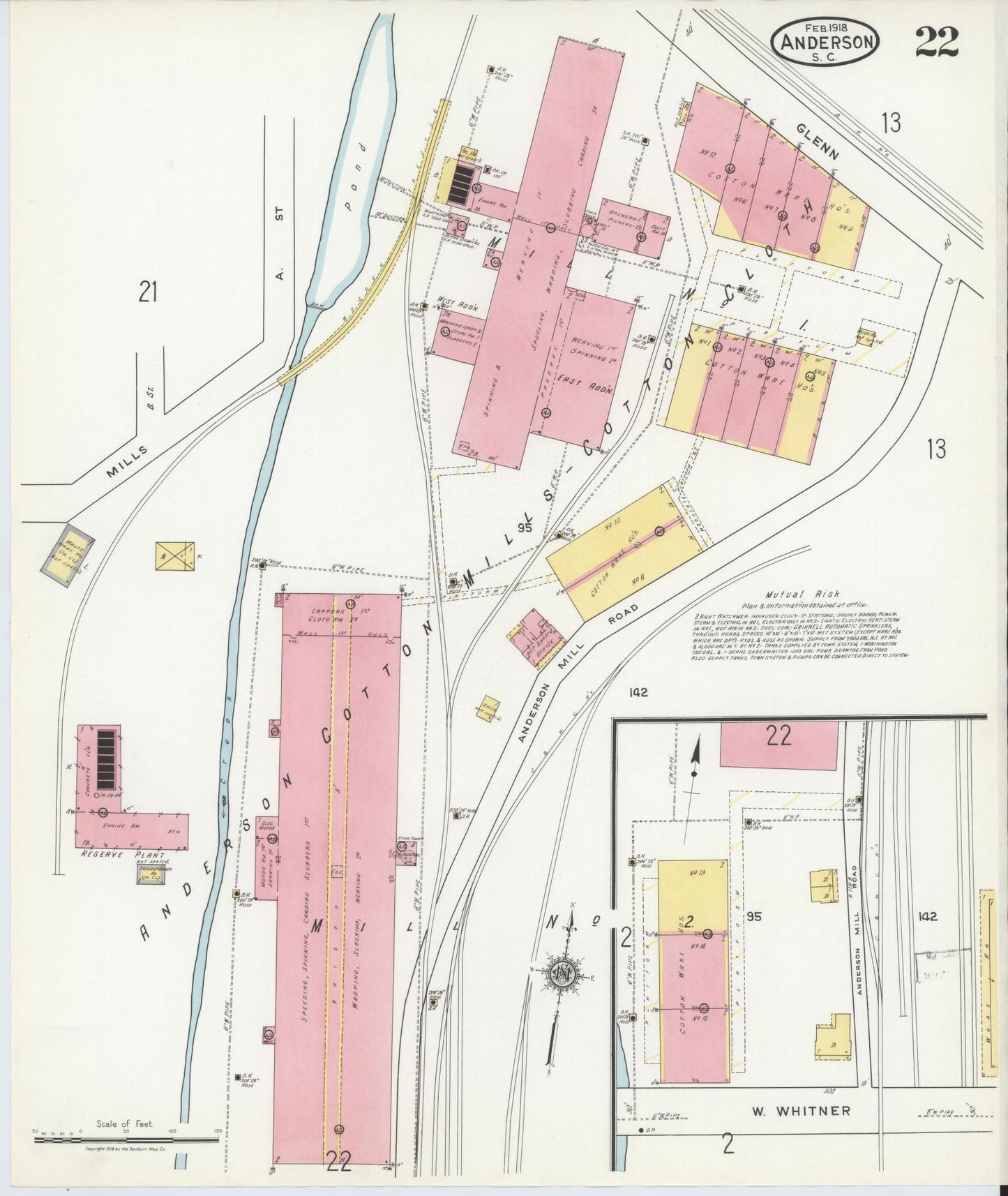 Sanborn Fire Insurance Map from Anderson, Anderson County, South Carolina (1918), Sheet #0022 - Historic Sanborn Fire Insurance Map Print, vintage old map wall art, antique decor, genealogy gift, South Carolina South Carolina map