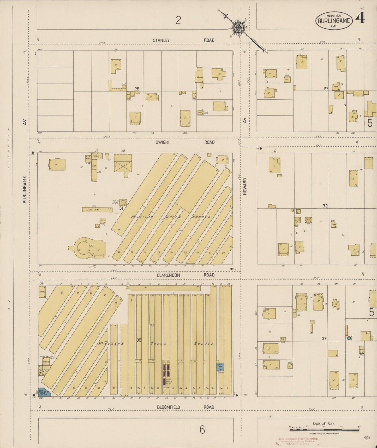 Sanborn Fire Insurance Map from Burlingame, San Mateo County, California (1921), Sheet #0004 - Historic Sanborn Fire Insurance Map Print, vintage old map wall art, antique decor, genealogy gift, California California map