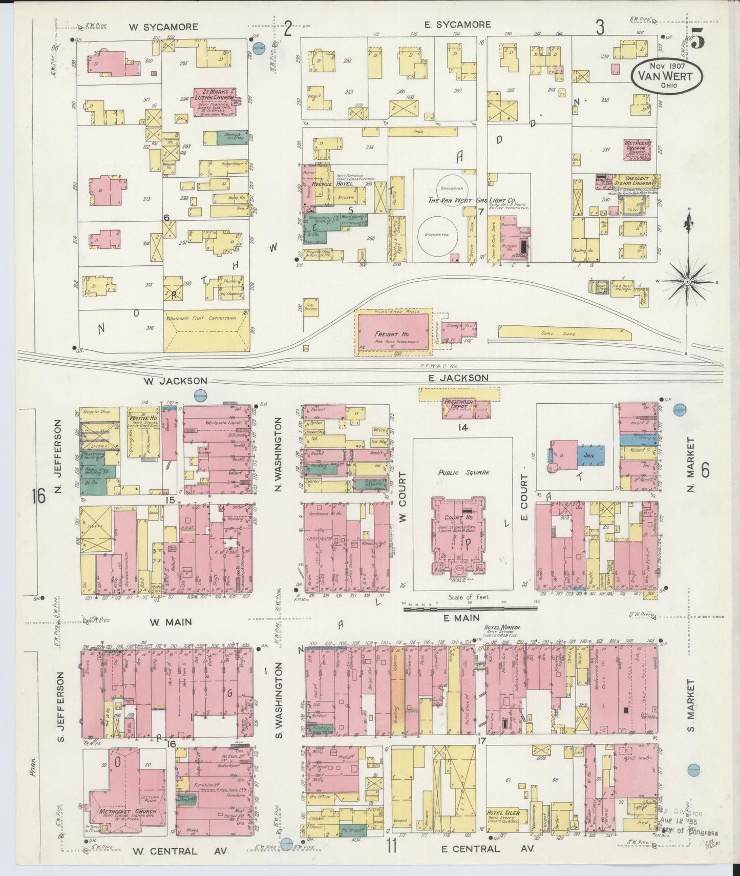 Sanborn Fire Insurance Map from Van Wert, Van Wert County, Ohio (1907), Sheet #0005 - Historic Sanborn Fire Insurance Map Print, vintage old map wall art, antique decor, genealogy gift, Ohio Ohio map