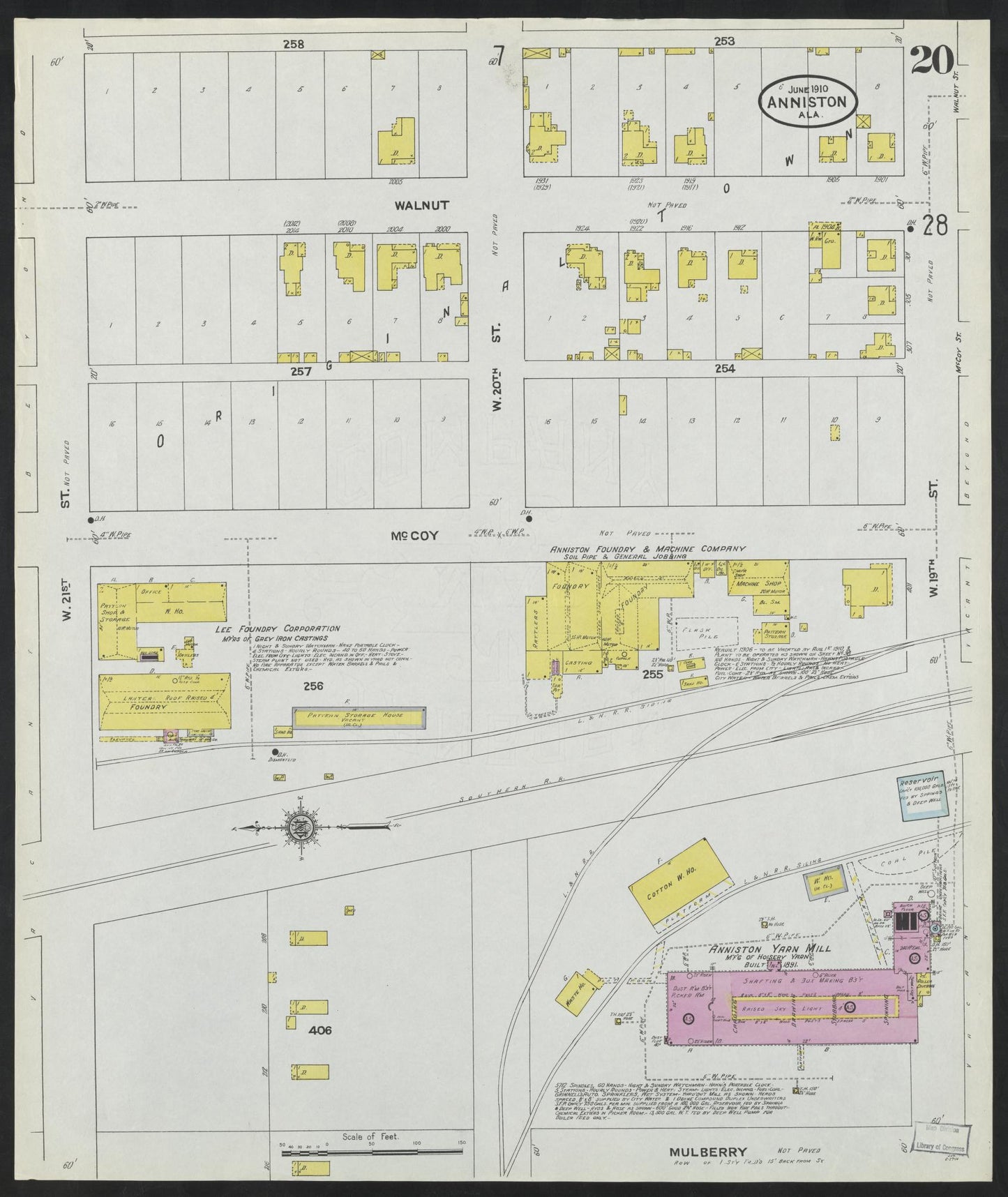 Sanborn Fire Insurance Map from Anniston, Calhoun County, Alabama (1910), Sheet #0020 - Historic Sanborn Fire Insurance Map Print, vintage old map wall art, antique decor, genealogy gift, Alabama Alabama map